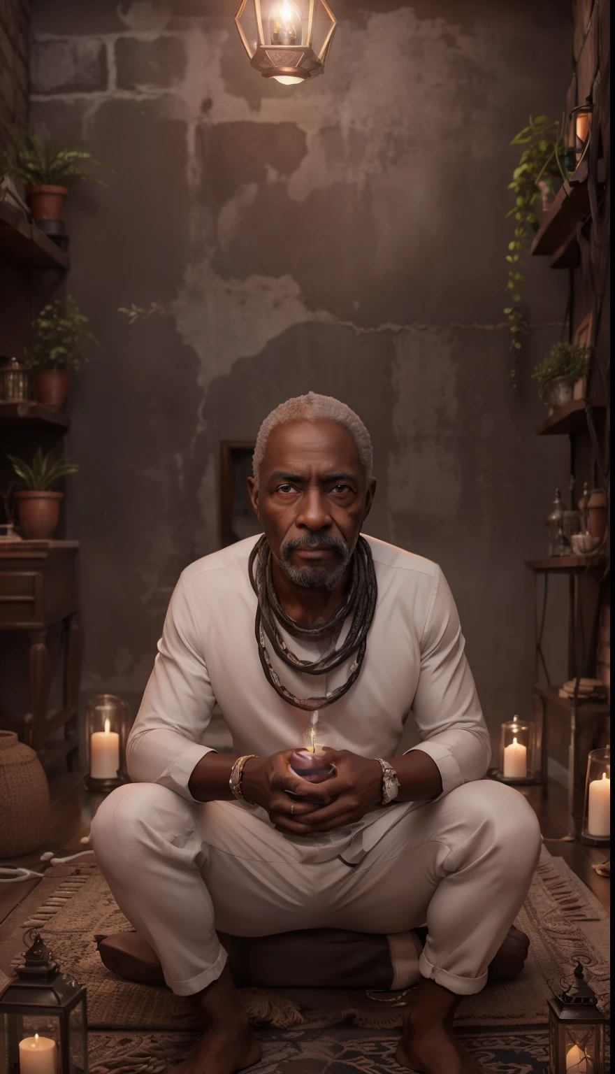 Crie uma imagem hiper realista de um homem velho afrodescendente, 80 anos, olhos brilhantes, cansados e triste, pele negra, cabelos  branco, roupa branca , Seed cords around the neck. The decoration should be old brick wall with several lit candles, with candlelight lighting. Several candles lit on the floor, with a lot of smoke in an intimate and religious environment. Use a Sony A7 III camera with an 85mm lens at an aperture setting of F 1.2 para desfocar o fundo.  Richness in the features of the face, boca e olhos. Crie uma imagem ultrarrealista que captura a beleza natural e a personalidade, dramatic lighting, ............................3d, VFX, 9:16 cinematic lighting, Estilo Phock, Estilo UltraVector, hyper realistic, cinemactic, Ultra High Definition, HDR, cinemactic, Realistic, precision detailed (moldura para foto) cintura), imagem central, Estilo, bioluminescente, tamanho real 8, 8K resolution