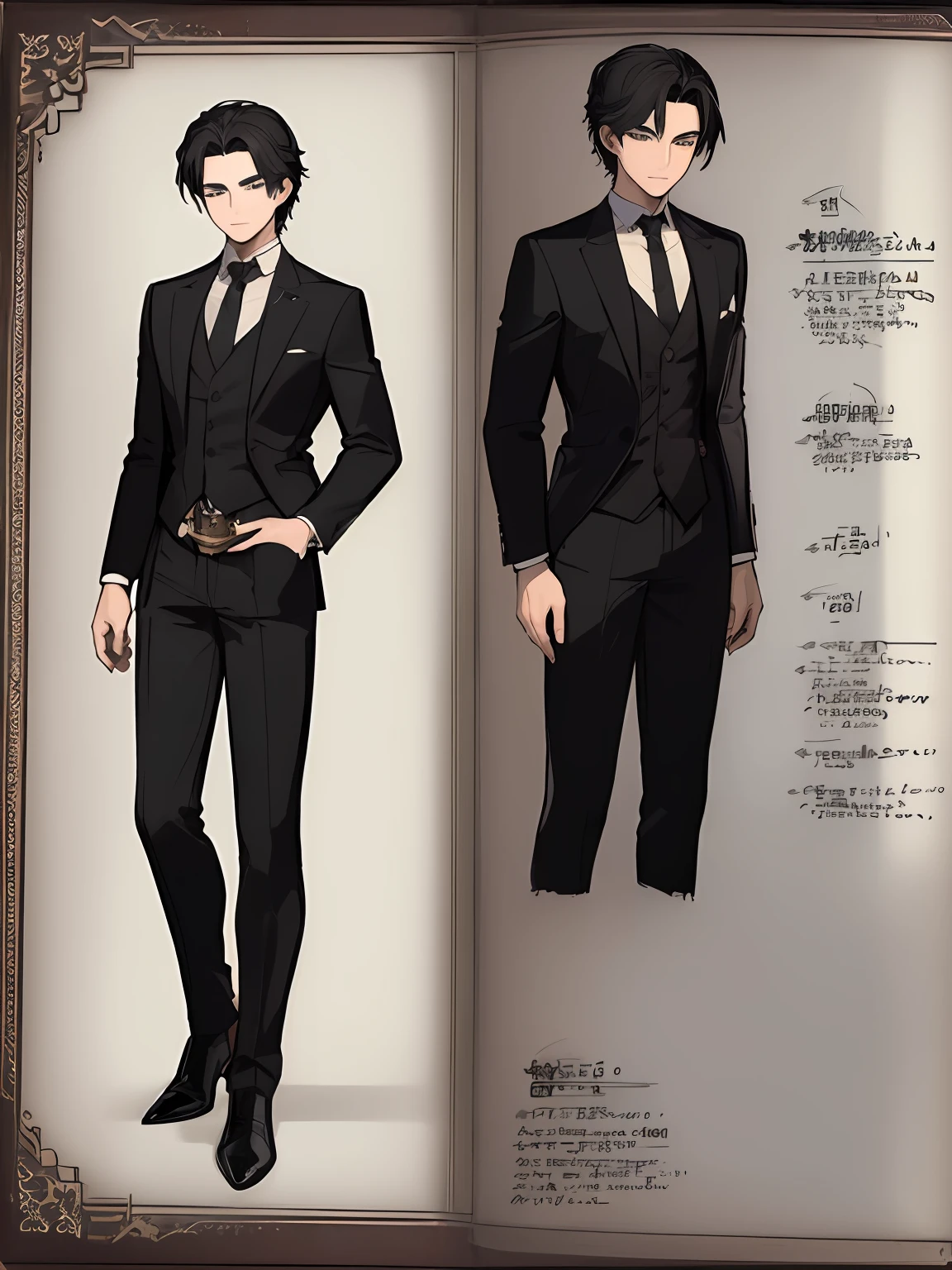 ((masterpiece))), (((best quality))), ((ultra-detailed)), (Very detailed illustration), Cinematic light,, 1paren ((Character Sheet)), (Concept art), ((Full body)), (masterpiece: 1.2), (best quality: 1.3), 1paren, standing, Guy in a formal suit and a short black leather jacket. dark hair, blue eyes