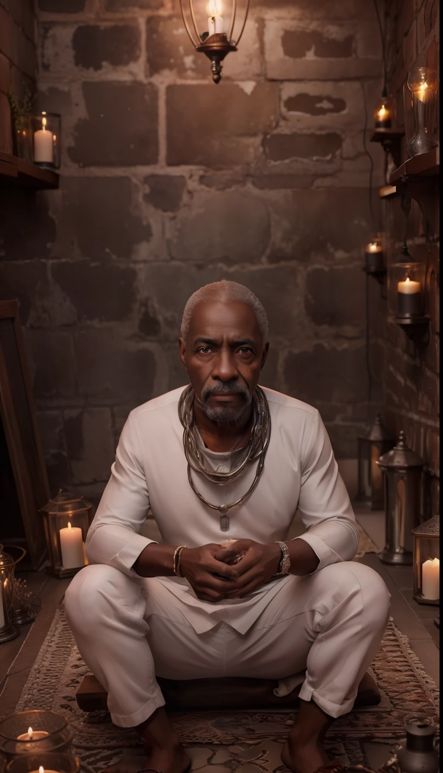 Crie uma imagem hiper realista de um homem velho afrodescendente, 80 anos, olhos brilhantes, cansados e triste, pele negra, cabelos  branco, roupa branca , Seed cords around the neck. The decoration should be old brick wall with several lit candles, with candlelight lighting. Several candles lit on the floor, with a lot of smoke in an intimate and religious environment. Use a Sony A7 III camera with an 85mm lens at an aperture setting of F 1.2 para desfocar o fundo.  Richness in the features of the face, boca e olhos. Crie uma imagem ultrarrealista que captura a beleza natural e a personalidade, dramatic lighting, ............................3d, VFX, 9:16 cinematic lighting, Estilo Phock, Estilo UltraVector, hyper realistic, cinemactic, Ultra High Definition, HDR, cinemactic, Realistic, precision detailed (moldura para foto) cintura), imagem central, Estilo, bioluminescente, tamanho real 8, 8K resolution