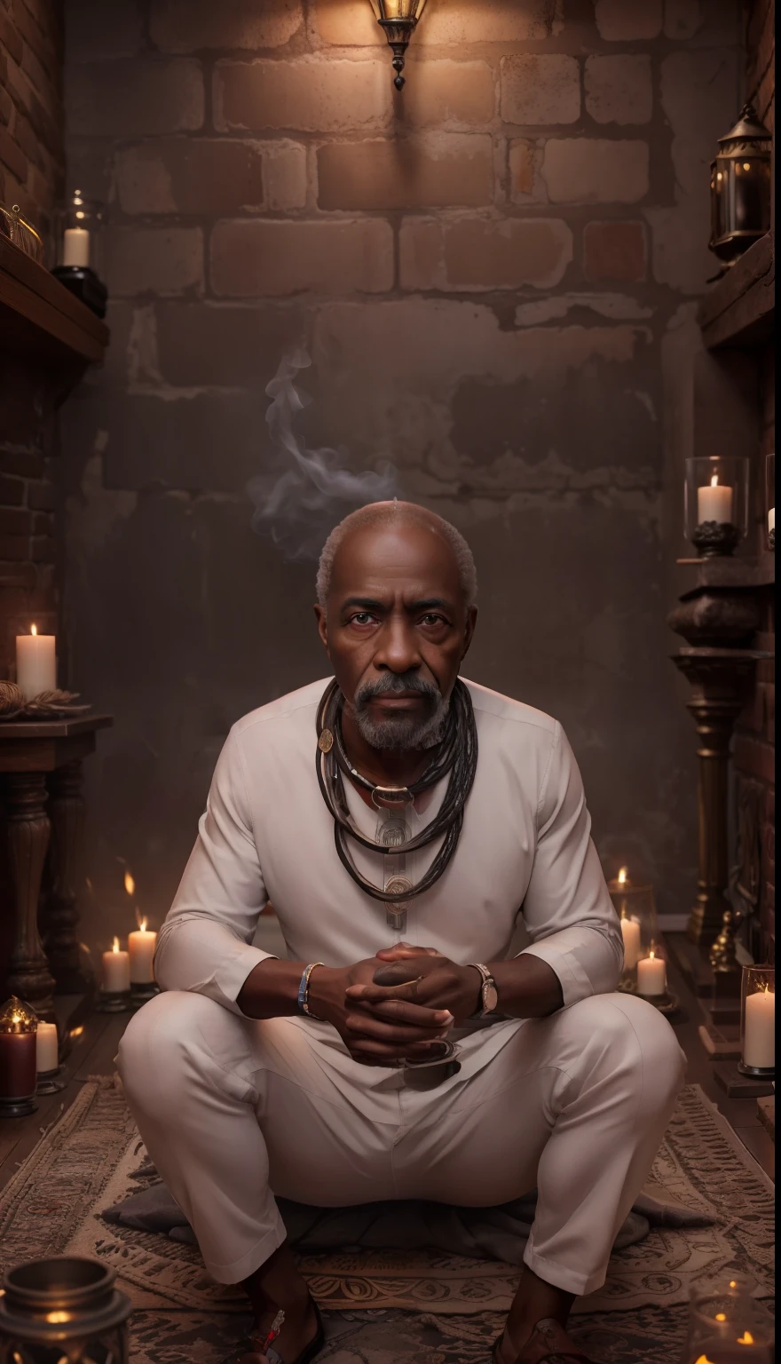 Crie uma imagem hiper realista de um homem velho afrodescendente, 80 anos, olhos brilhantes, cansados e triste, pele negra, cabelos  branco, roupa branca , Seed cords around the neck. The decoration should be old brick wall with several lit candles, with candlelight lighting. Several candles lit on the floor, with a lot of smoke in an intimate and religious environment. Use a Sony A7 III camera with an 85mm lens at an aperture setting of F 1.2 para desfocar o fundo.  Richness in the features of the face, boca e olhos. Crie uma imagem ultrarrealista que captura a beleza natural e a personalidade, dramatic lighting, ............................3d, VFX, 9:16 cinematic lighting, Estilo Phock, Estilo UltraVector, hyper realistic, cinemactic, Ultra High Definition, HDR, cinemactic, Realistic, precision detailed (moldura para foto) cintura), imagem central, Estilo, bioluminescente, tamanho real 8, 8K resolution