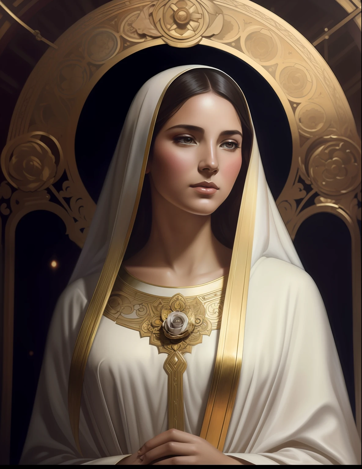 The Virgin Mary and the Child Jesus. MUJER CAUCASICA. 19 years old, DULCE Y LA INOCENTE MIRADAi ANGELICAL, Alta calidad, obra maestra, rasgos faciales exquisitos, cabello exquisito, ojos exquisitos, cabello de color exquisito, calidad de imagen 4K, hermosa luz y sombra, efecto Tyndall, halo, cabello desordenado, estado joven, escena hermosa, ropa exquisita, cadenas, plumas, belleza antigua con ojos grandes muy detallados, pintura digital, artstation, arte conceptual, foco nítido, illustration, arte de greg rutkowski y alphonse mucha y victo ngai