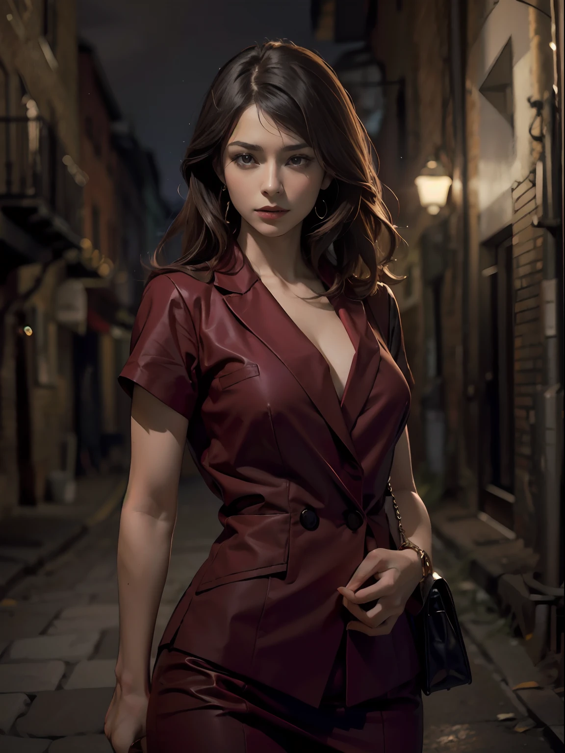 (Character: one Israeli woman, 30 years old, brunette, medium hair)
    (Clothing: wine red lawyer clothes)
(dynamic pose)
(best quality, masterpiece),looking at viewer, upper body, blurry, dark alley)