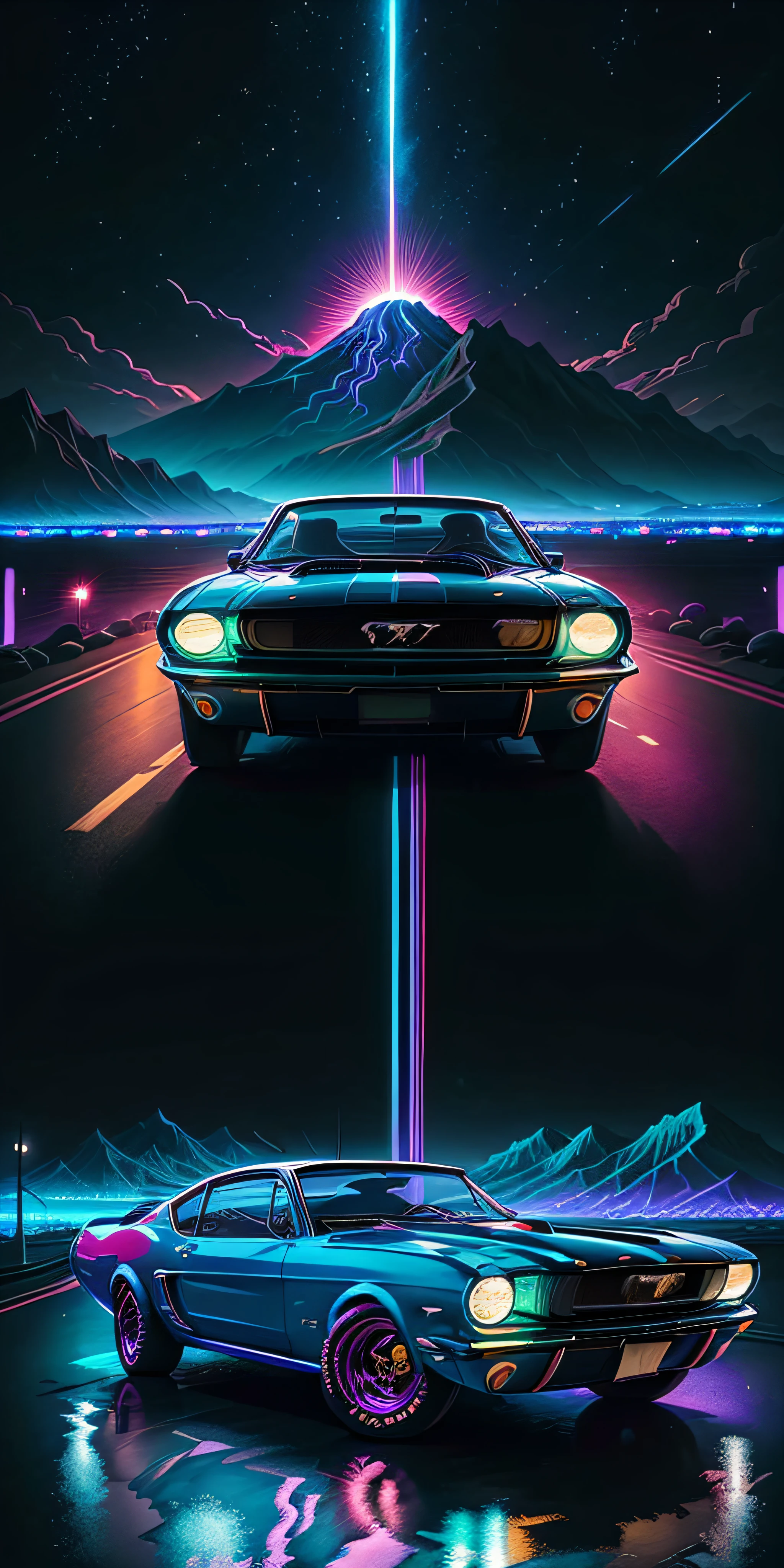 retro wave, city, 1964, the Mustang, wide body kit, road,  purple neon lights, sun, mountain, (masterpiece, detailed, highest),