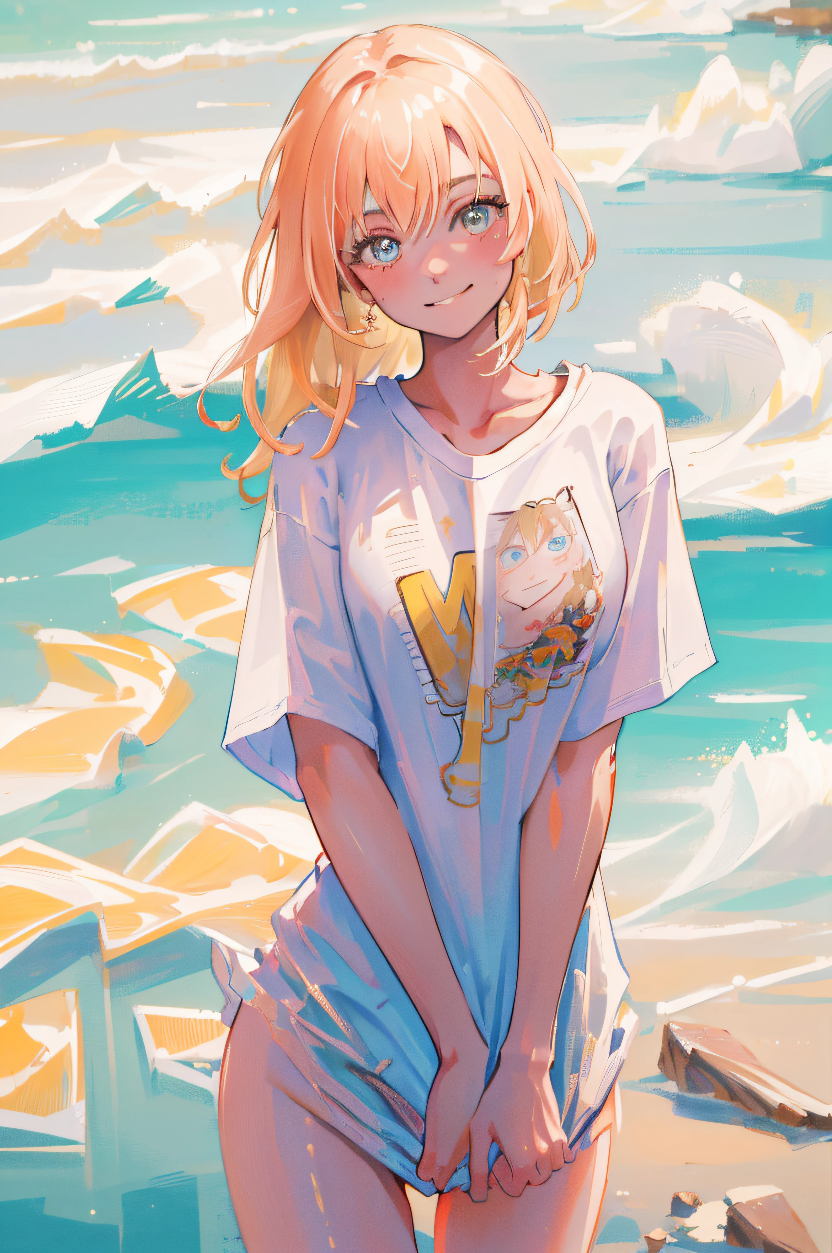 Anime girl standing on the beach with her hands in her pockets - SeaArt AI