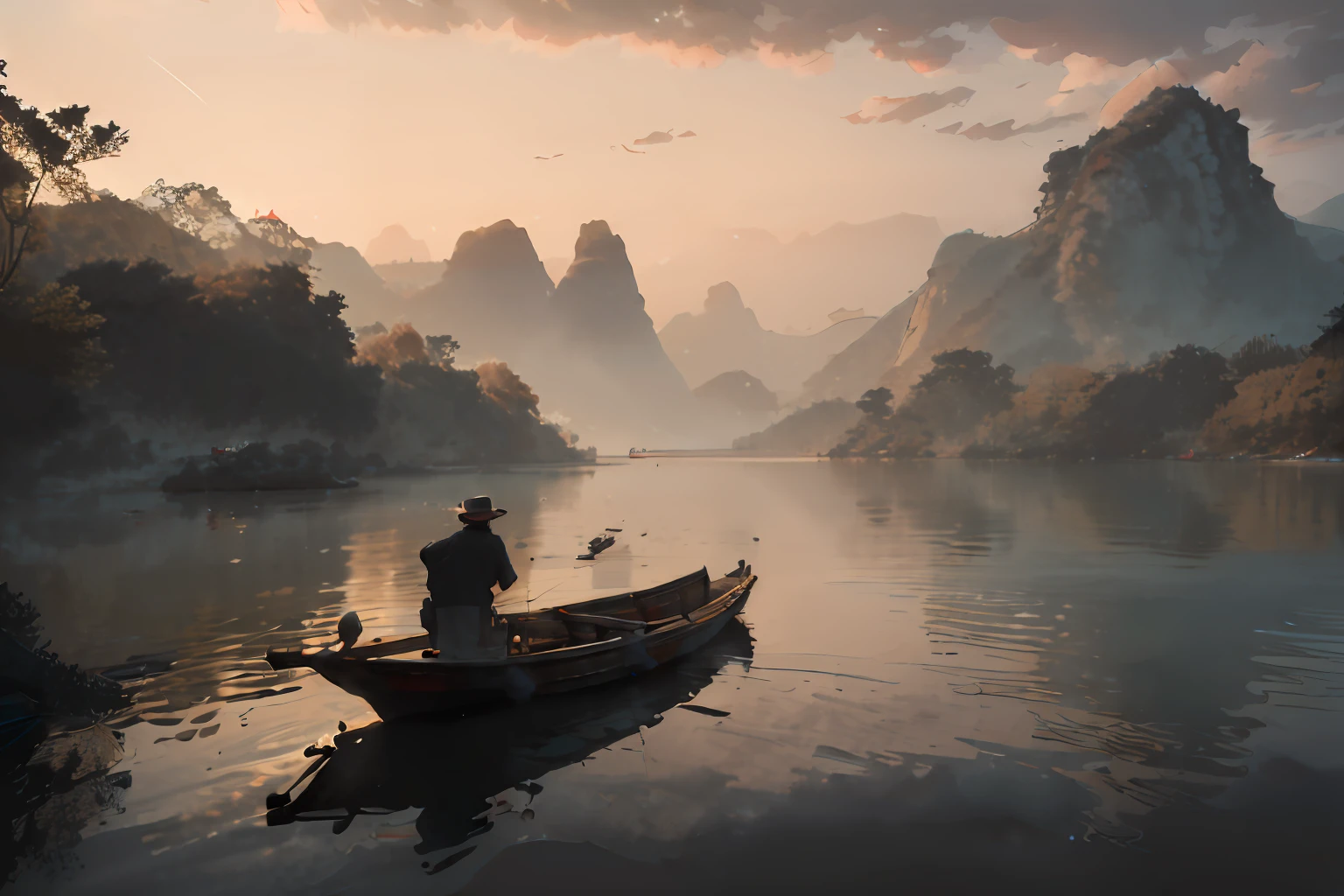 there is a man in a boat on the water with mountains in the background, chinese landscape, cinematic. by leng jun, fisherman, by Victor Wang, by Patrick Ching, by Raymond Han, pexels contest winner, in a serene landscape, riverside, by Bayard Wu, in the early morning, by Fei Danxu, unsplash contest winning photo, chinese artist