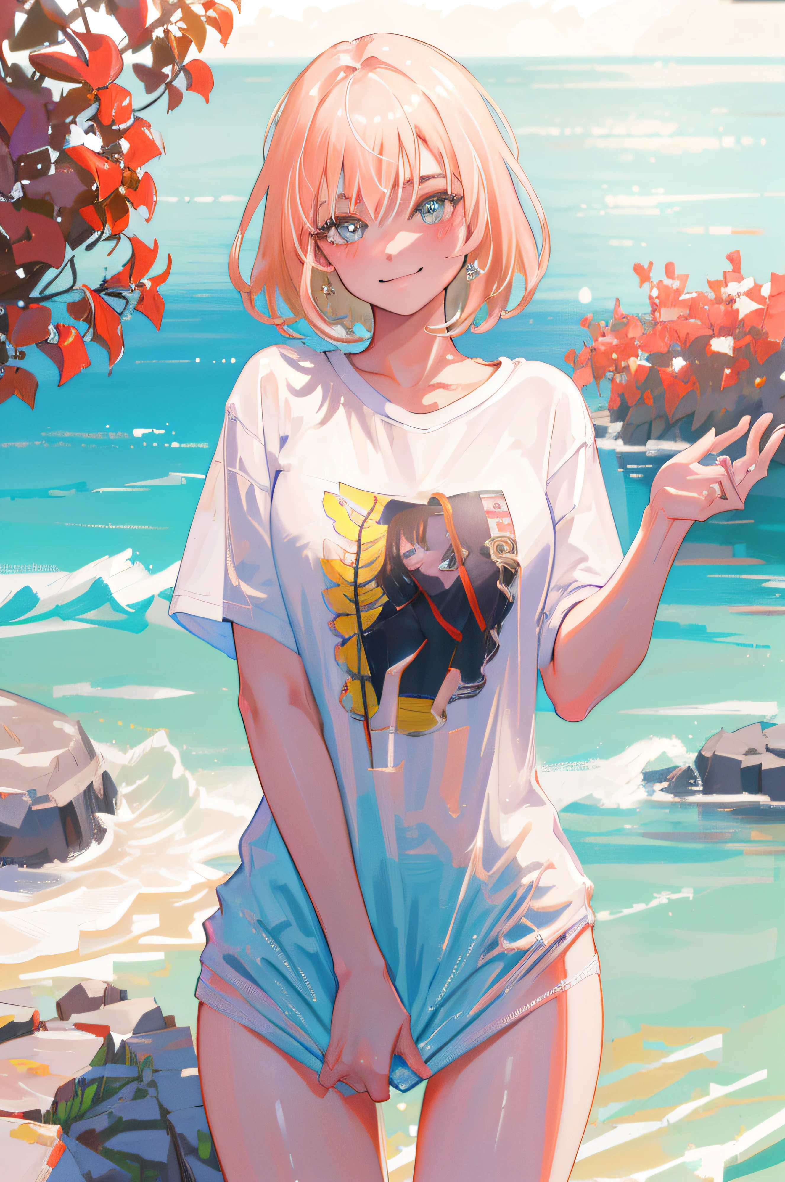 (8k, highest quality, best quality, masterpiece, highly detailed:1.2),
1girl, upper body, woman looks like (Margot Robbie), wearing boyfriend shirt and panty, (naked shirt, shirt tug), shy, half smile, midday, from below