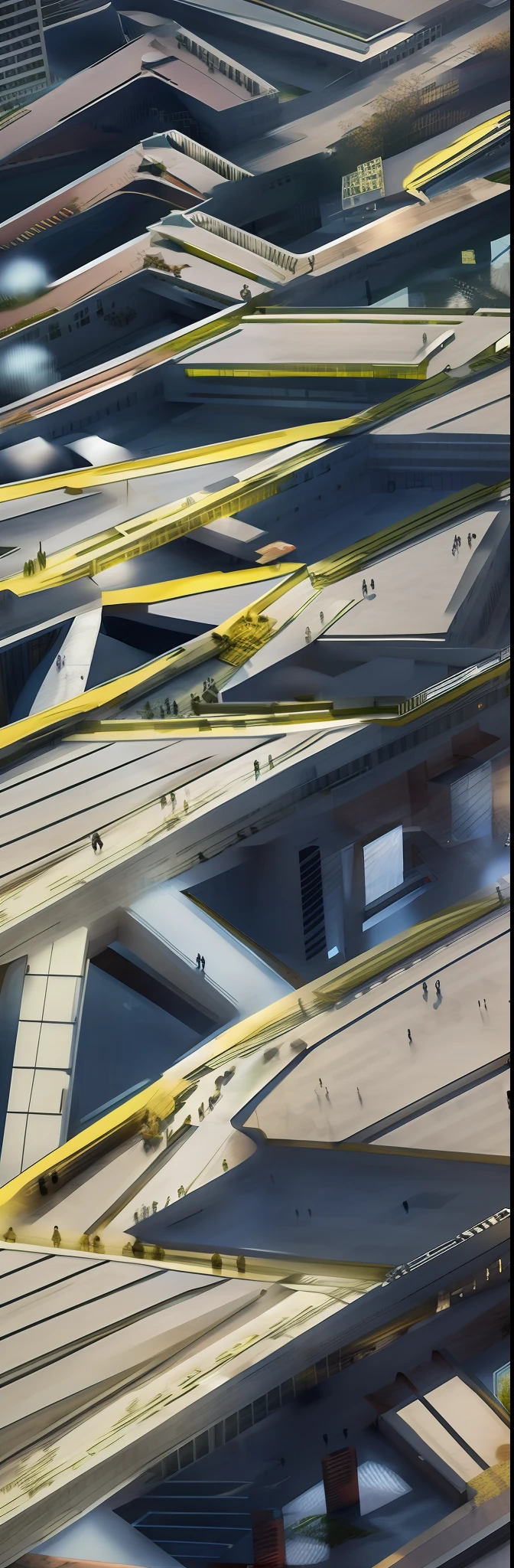 In a cinematic atmosphere, a worm's eye view of a modern city, plagued with crime and anarchy, 4k, wide angle lens, photographic quality, high resolution, dramatic, dystopian