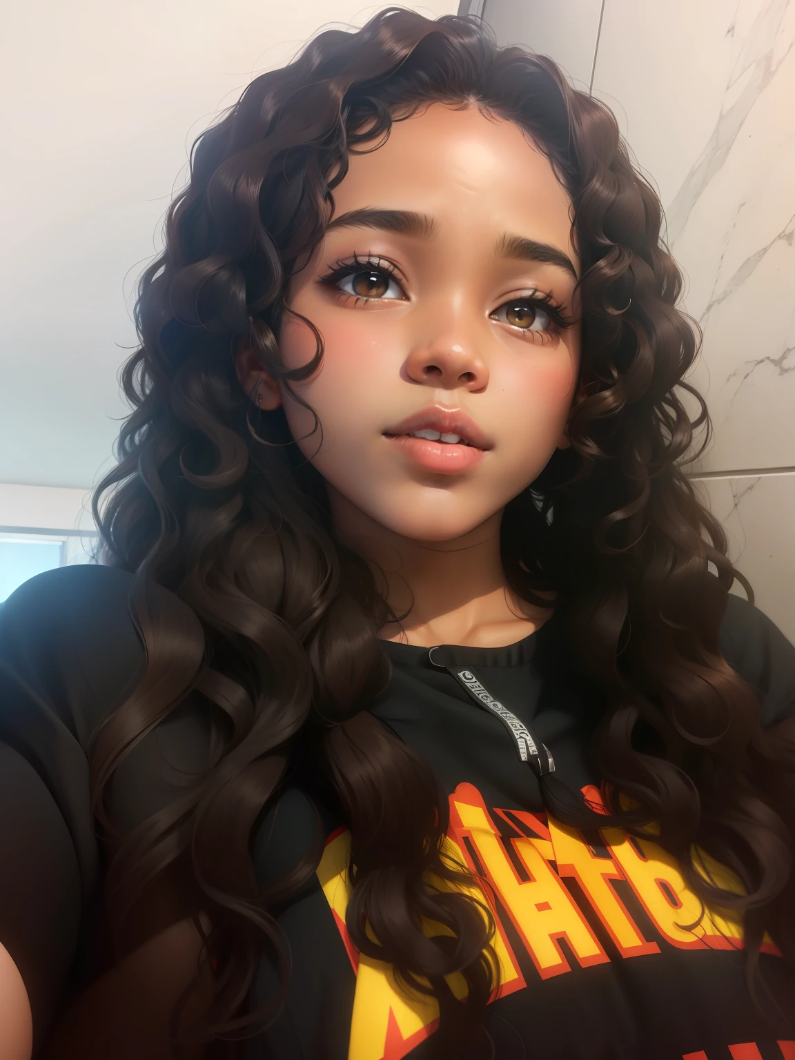 Dark skin, curly brown hair, round face and flat nose