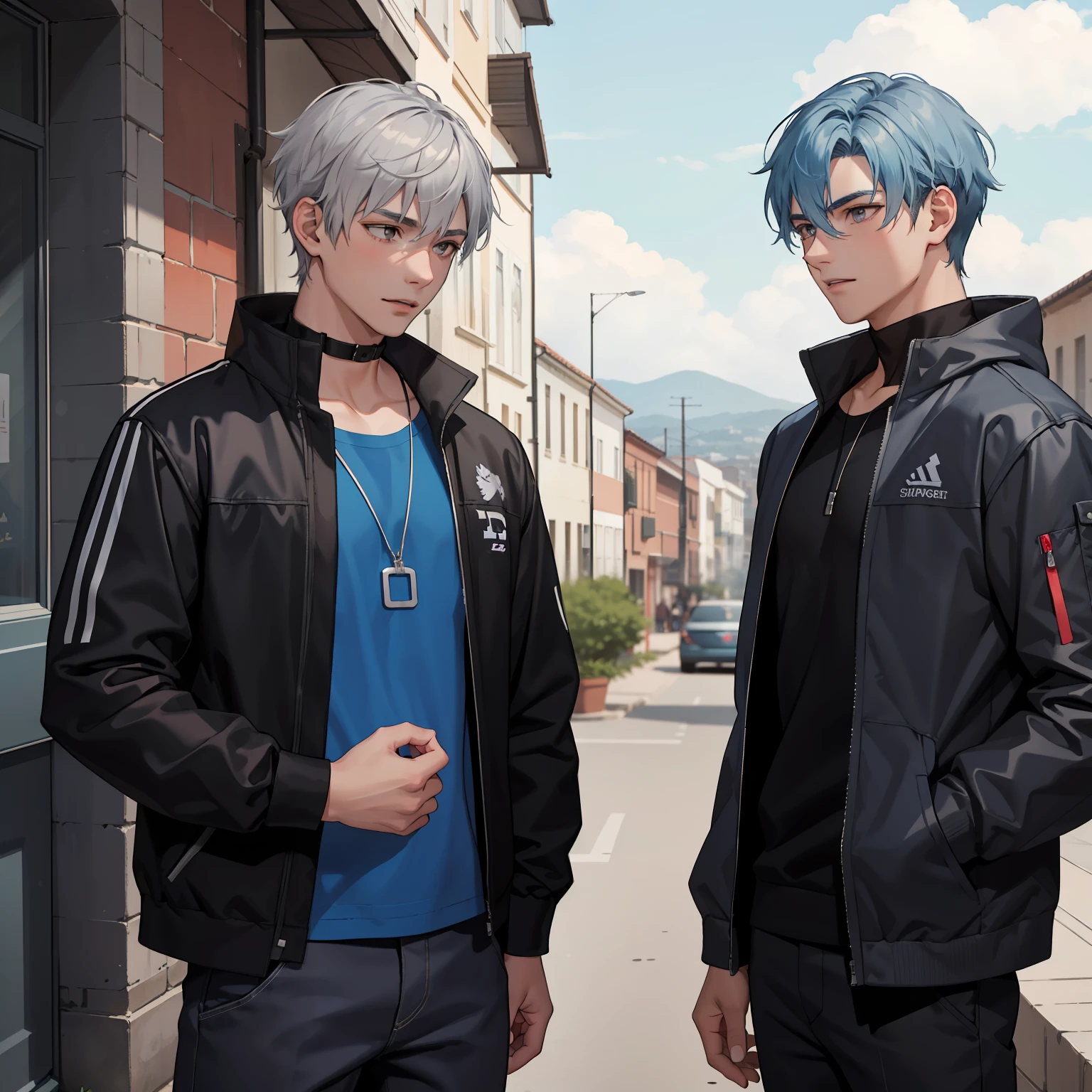 In the background is a silver city Two -yeld tege friends with blue hair, With Latin skin and light gray hair on the outskirts of a large silver city they are talking about an important topic they are friends almost like brothers.......