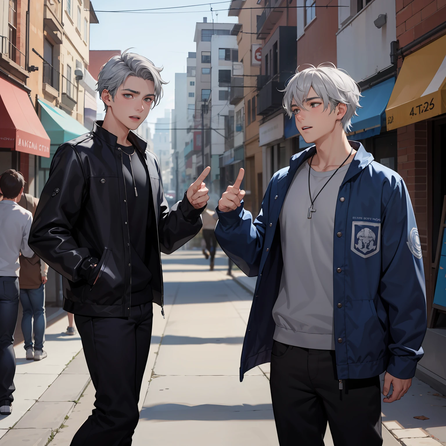 In the background is a silver city Two 15-year-old age friends with blue hair, With Latin skin and light gray hair on the outskirts of a large silver city they are talking about an important topic they are friends almost like brothers.......