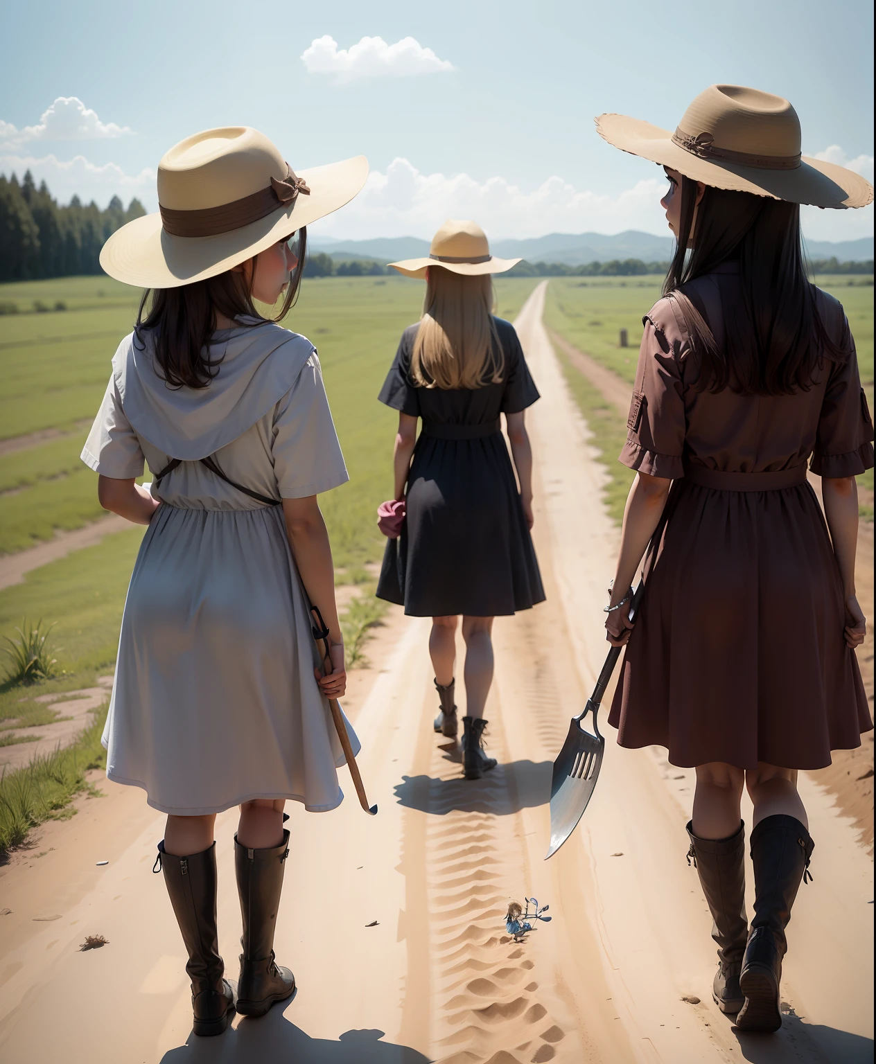 Three adventurous girls children, Dress with long shovels crou, walking on a dirt road seen from behind.