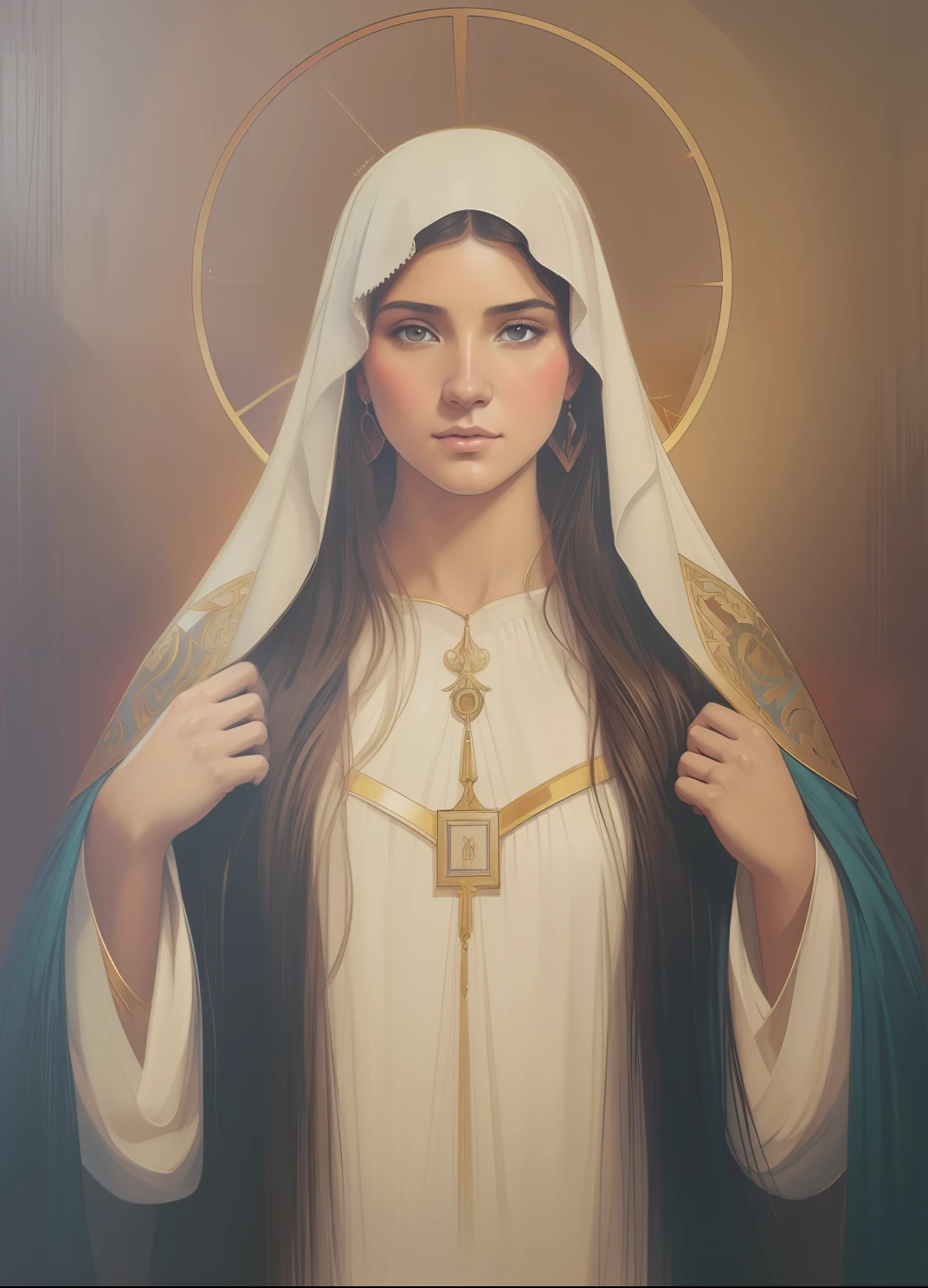 The Virgin Mary and the Child Jesus. MUJER CAUCASICA. 19 years old, DULCE Y LA INOCENTE MIRADA ANGELICAL, Alta calidad, obra maestra, rasgos faciales exquisitos, cabello exquisito, ojos exquisitos, cabello de color exquisito, calidad de imagen 4K, hermosa luz y sombra, efecto Tyndall, halo, cabello desordenado, estado joven, escena hermosa, ropa exquisita, cadenas, plumas, belleza antigua con ojos grandes muy detallados, pintura digital, artstation, arte conceptual, foco nítido, illustration, arte de greg rutkowski y alphonse mucha y victo ngai