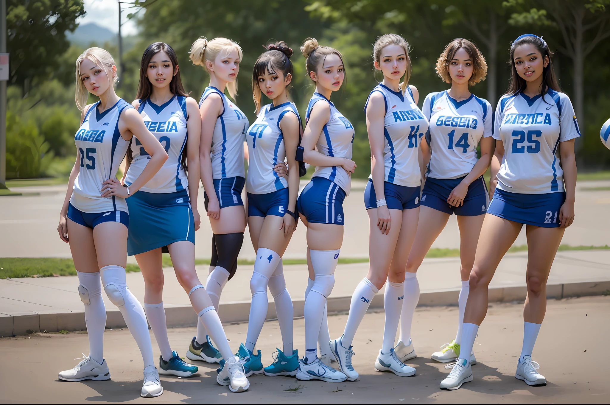 (Best Quality, Masterpiece, detailed: 1.4), 2D girls in blue and white uniforms posing for a picture, wearing a volleyball jersey