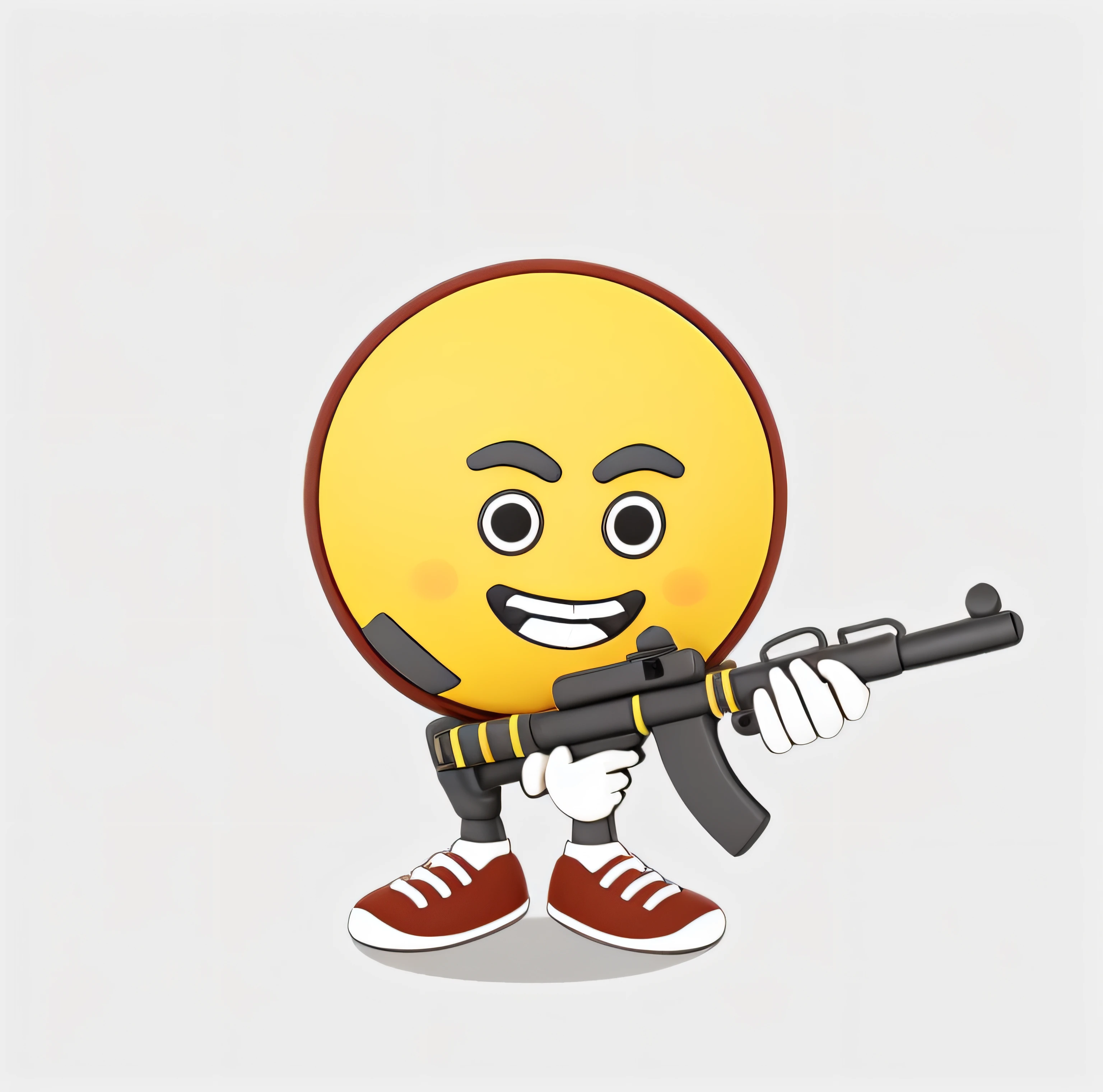 Arafed rosto sorridente com personagem 3D a mascote dos desenhos animados de metralhadora, estilo de emoji, design de adesivo do telegrama, com pistola, com fuzil, funny emoji, segurando fuzil, com uma arma, sorriso irritado, segurando uma arma, Telegrama Sticker, Pose de Tiro, segurando a arma para baixo, segurando arma, segurando um rifle, man is carrying a rifle, empunhando fuzil de assalto, video game character