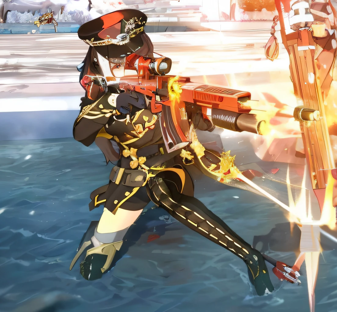 a closeup of a person holding a gun near a fire, Do videogame Azur Lane, Estilo de pista Azur, blade and soul, shalltear bloodfallen, Tranding no PXIV, M4 SOPMOD II Meninas Linha de Frente, Impacto de Ayaka Genshin, Personagens de Azur Lane, ayaka jogo genshin impact, estilo de impacto genshin