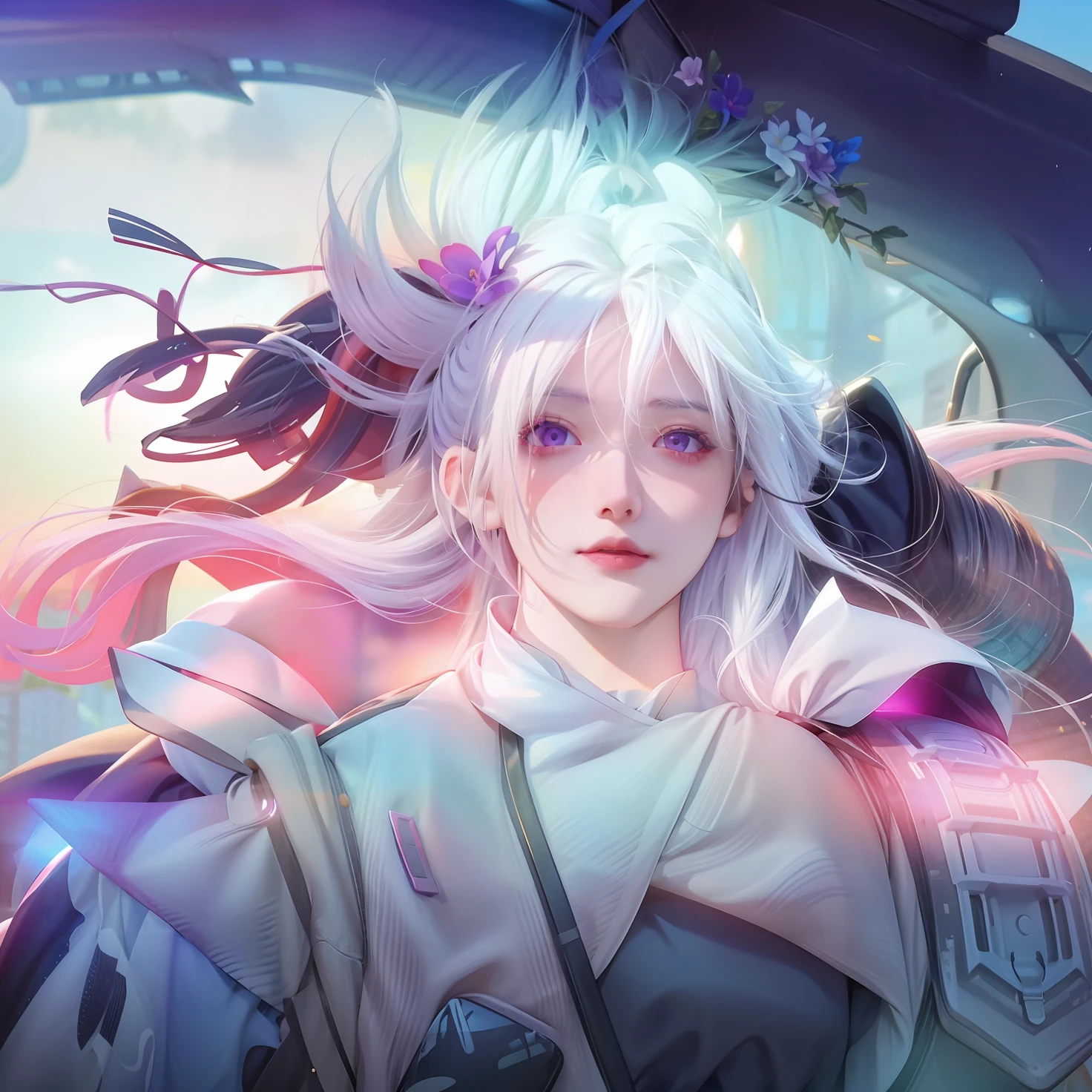 realistic, 1girl, white hair, purple eyes, glowing eyes, crop top, skirt, parted lips, blush, night, flowers, sun, sunlight,