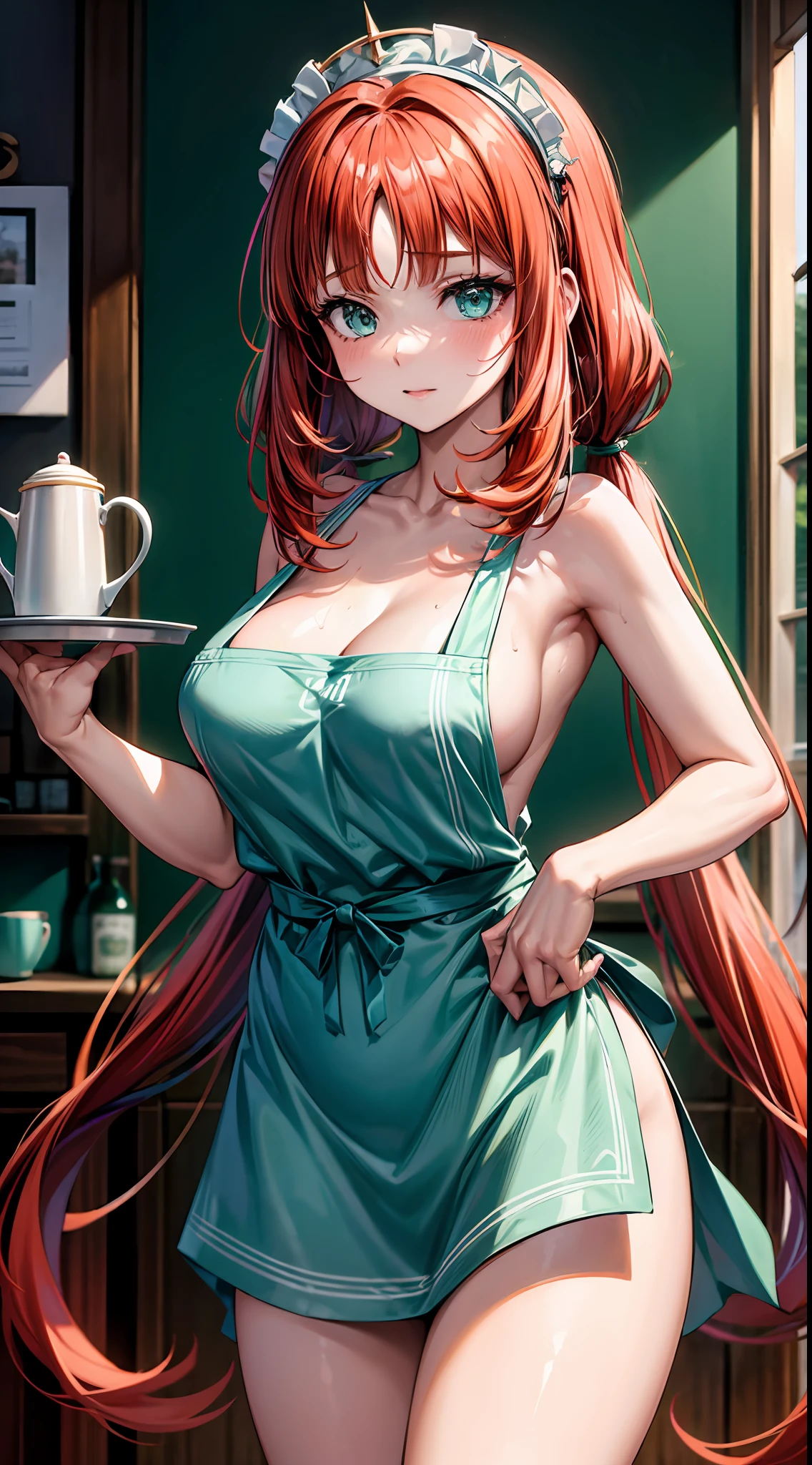 Masterpiece, Best Quality, nilou (genshin impact), long hair, bangs, red hair, parted bangs, twintails, nail polish, aqua eyes, very long hair, low twintails, detailed sexy makeup, modern cafe, naked apron, sexy apron, green apron, wet apron, large breasts, milky nipples, bare body, bare legs, coffee bar, backside coffee bar, standing, daring pose, erotic facial expression, erotic pussy, pervert, detailed personality, detailed body, detailed face, little body chubby