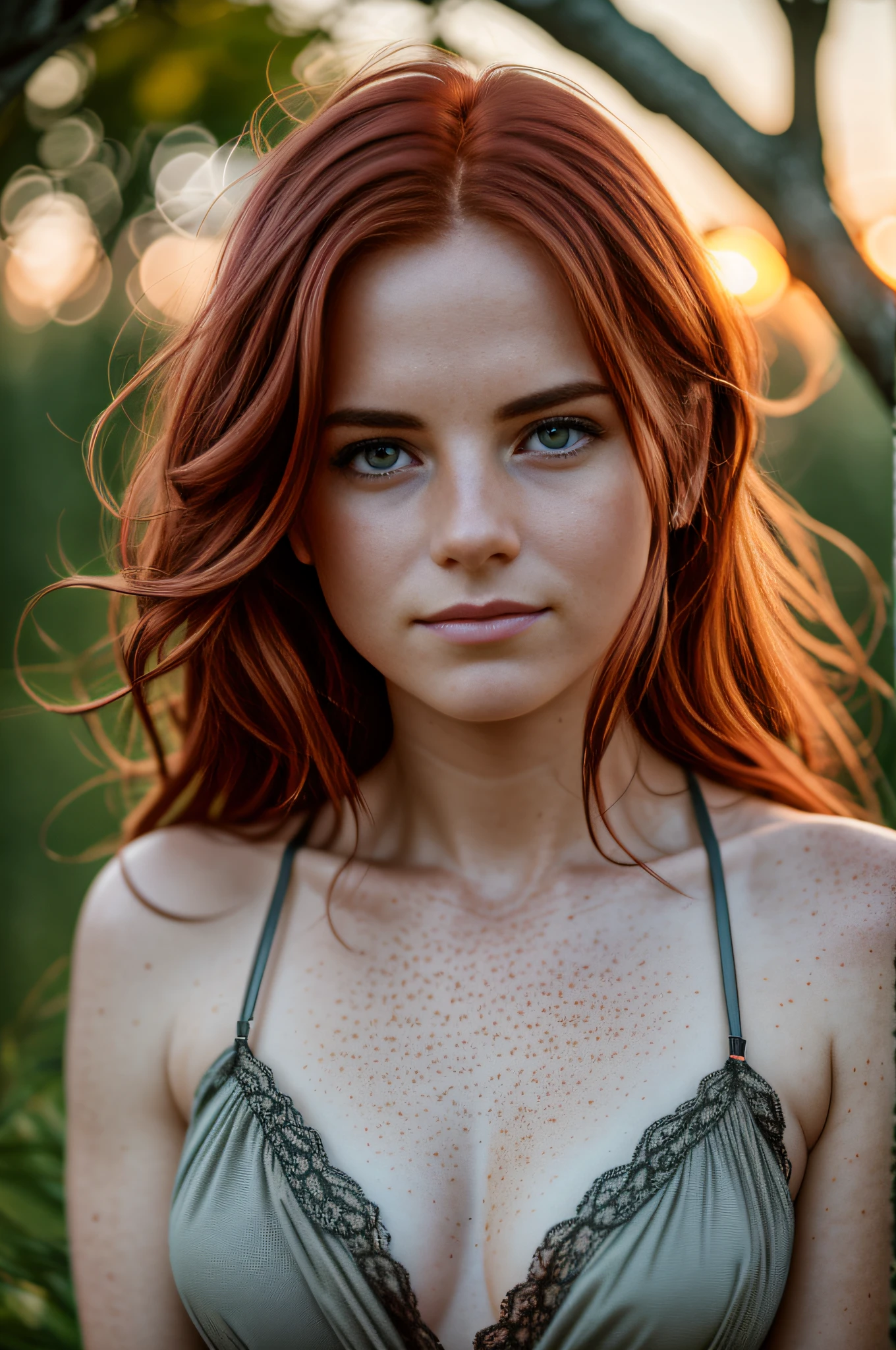 (8k, RAW photo, highest quality) depth of field, bokeh, 8K, HDR, cinematic rendering, a portrait of a 36-year-old redhead, framing from the navel, some small freckles, dressed in a ragged nightie, straps dropped, peeled off, leaning against a tree in the wilderness, goosebumps, cinematic, faded colors, dark shot, muted colors, grainy film, lut, crazy details, intricate details, hyperdetailed, sunset, shyness, seduction, romanticism, looks at the camera lens lovingly, one hand in your hair