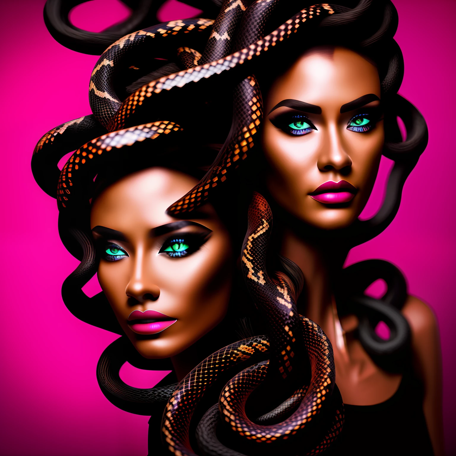 Medusa, Snake hair, 64k, F1.2, 800mm, hyper HD, Dynamic lighting, 1girll, Dark pink eyes, Hair up, brown tanned skin, Soft gray hair, full bodyesbian