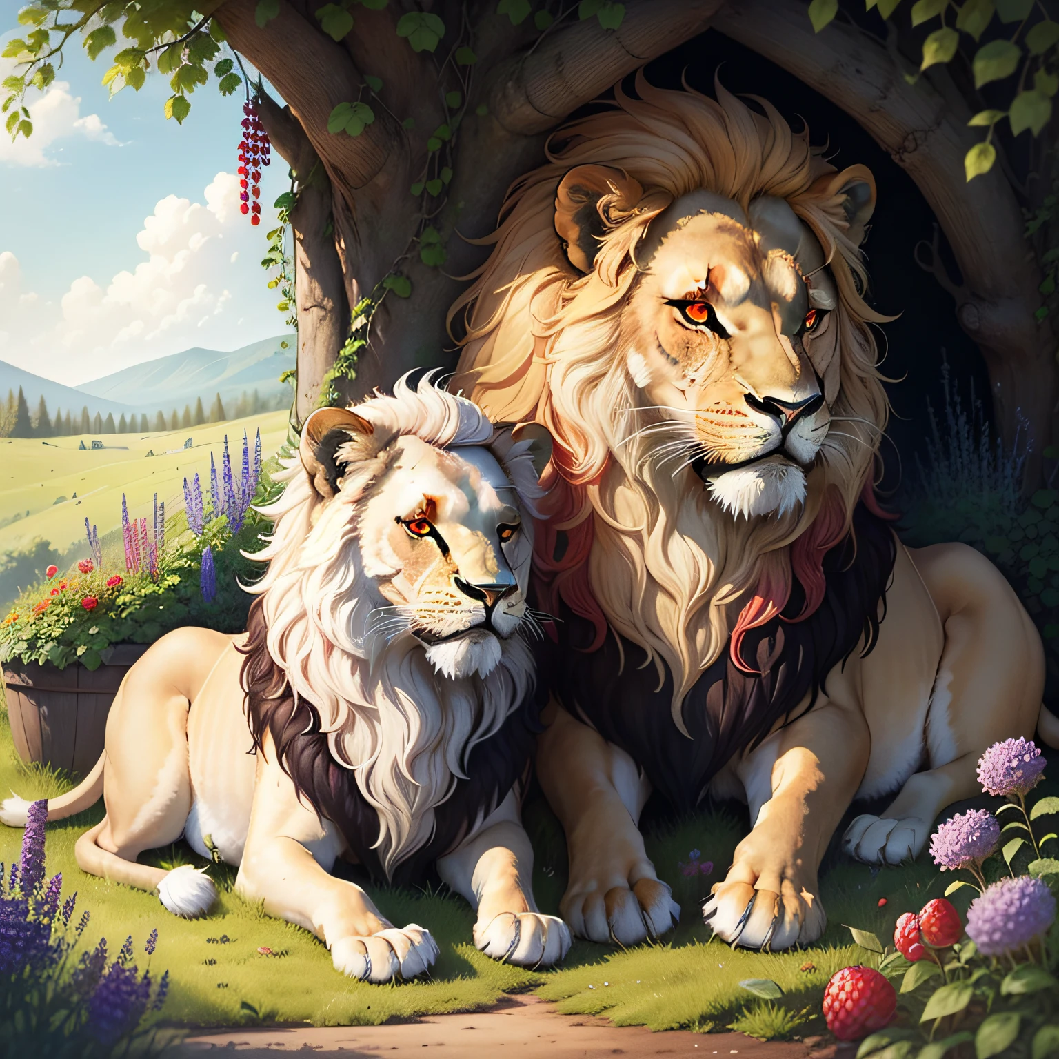 Everyone Loves a Lion, Wet Watercolor Illustration, Acrylic, Lion with Fluffy Fur, Watercolor Paper Texture, Raspberries, Grapes, Blackberries, Currants, Flowers, Flowering Herbs, Wild Herbs, Thistle, Delphinium, Juniper, Vine, Moss, stones with moss, forest paths in the grass, wild nature beauty purity sincerity cuteness fabulous illustrators