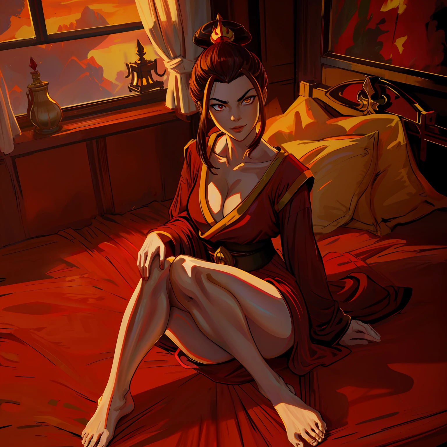 [azula], [(Avatar_the_Last_Airbender)], ((masterpiece:1.4)), ((high res:1.4)), ((High definition)), ((detailed shading)), ((beautiful solo portrait)), ((1girl)), ((full body)), ((anime girl)), (beautiful 3D art)), {attractive; (brown hair), (hair bun), (beautiful maroon eyes), (smile), curvaceous hips, beautiful lips, (defined leg muscles), (beautiful legs), (beautiful feet)}, {(dark red robe), (cleavage)}, (sitting on bed), (attractive pose), [background; bedroom, window, orange and yellow sky, dark lighting]