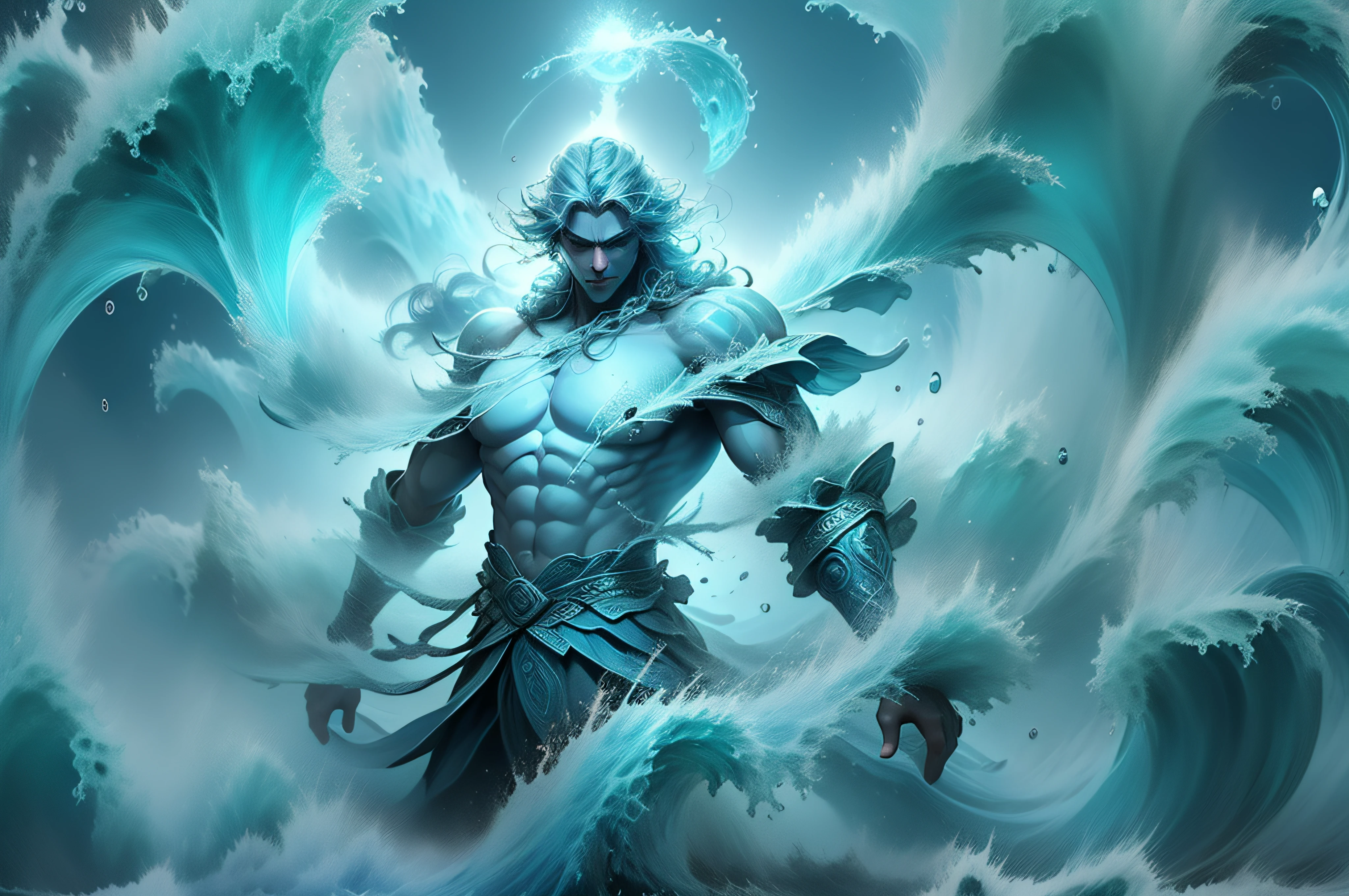 "Poseidon, the mighty Greek god of the sea, who radiates power and authority over the vast waters", which move like whips rising into the air