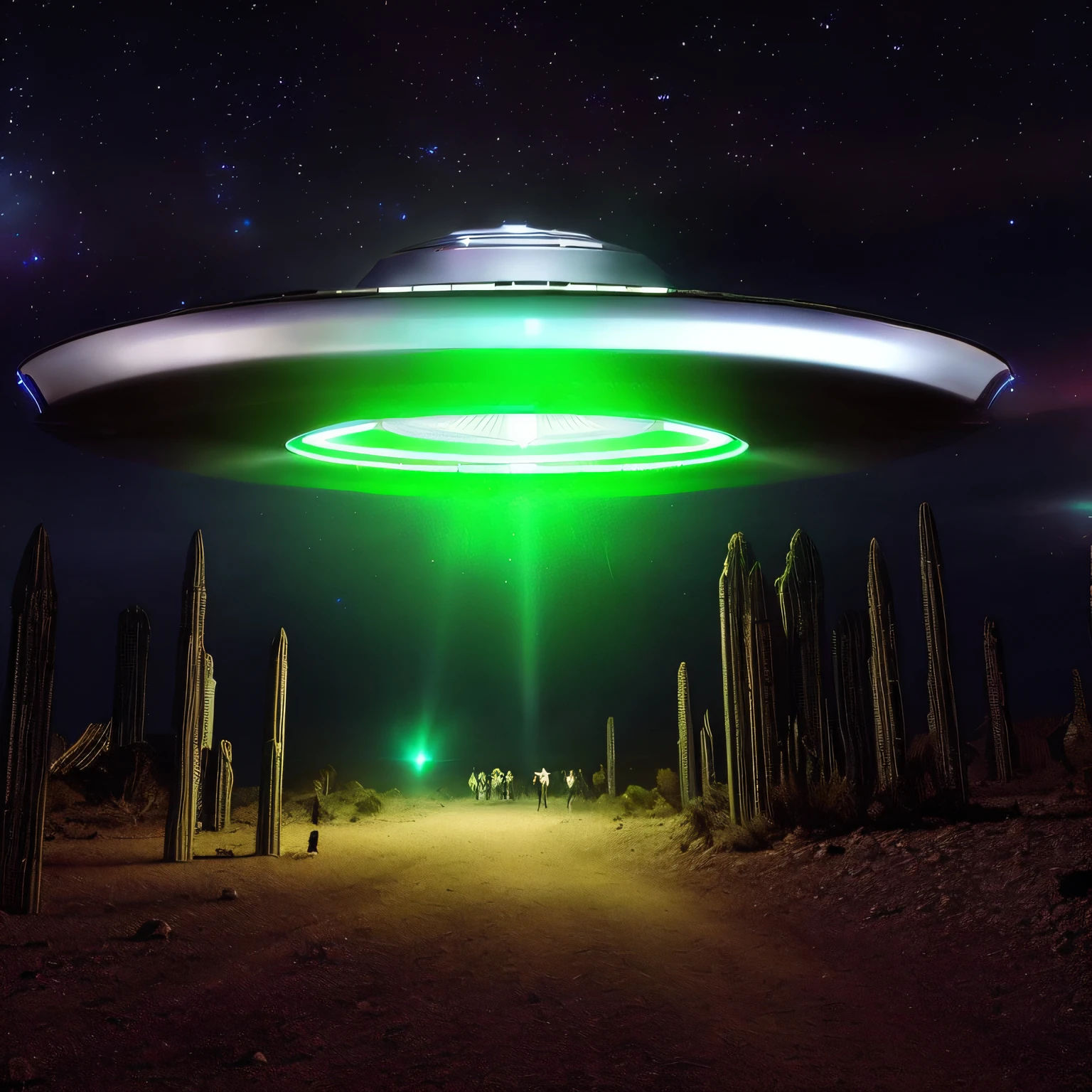 disco voador super detalhado, nave espacial sobrevoando um deserto com pessoas ao fundo, alien abduction, Rapto de OVNIs, aliens invading earth, ufo aliens, populated with aliens and people, ufo attack, Pouso de OVNIs, ufologia, Alien invasion, OVNI com lasers, of a ufo propulsion system, extraterrestre, ufo lighting, alien spaceship, depicted as a scifi scene, mechanical marvel, robotic presence, (steel metal, Foco claro , Uplighting , cores vibrantes, obra-prima, 8k
