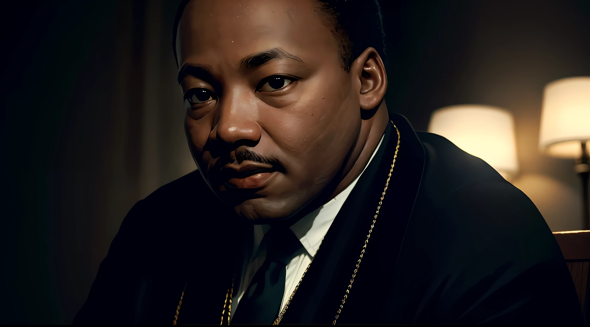 Close-up portrait of Martin Luther King Jr., in standing robes in profile smiling tenderly, dark background, gleaming lighting from behind the image, sandals, masterpiece, 8k, best quality, ultra-detailed, cinematic, , best shadow, inspiring.