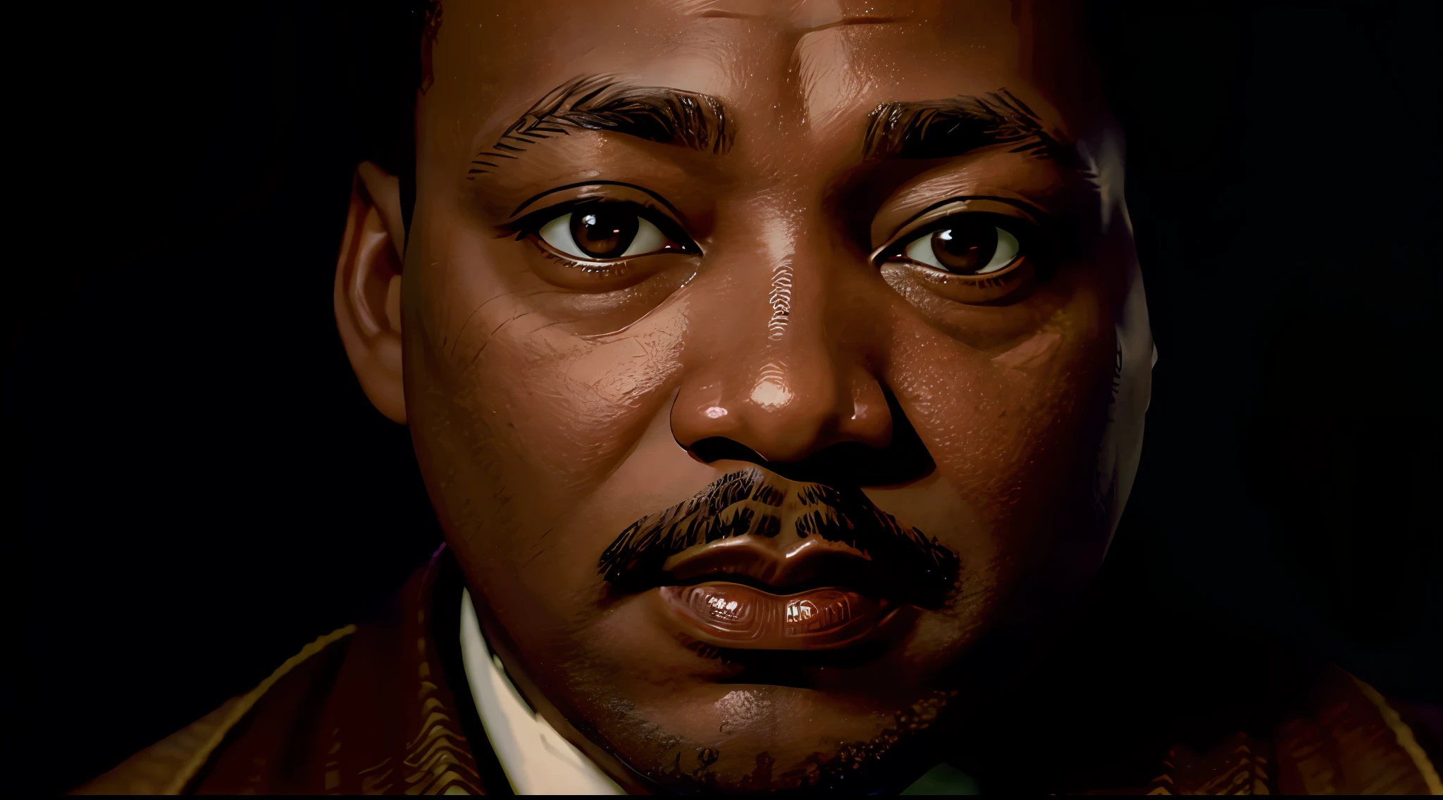 Close-up portrait of Martin Luther King Jr., in standing robes in profile smiling tenderly, dark background, gleaming lighting from behind the image, sandals, masterpiece, 8k, best quality, ultra-detailed, cinematic, , best shadow, inspiring.
