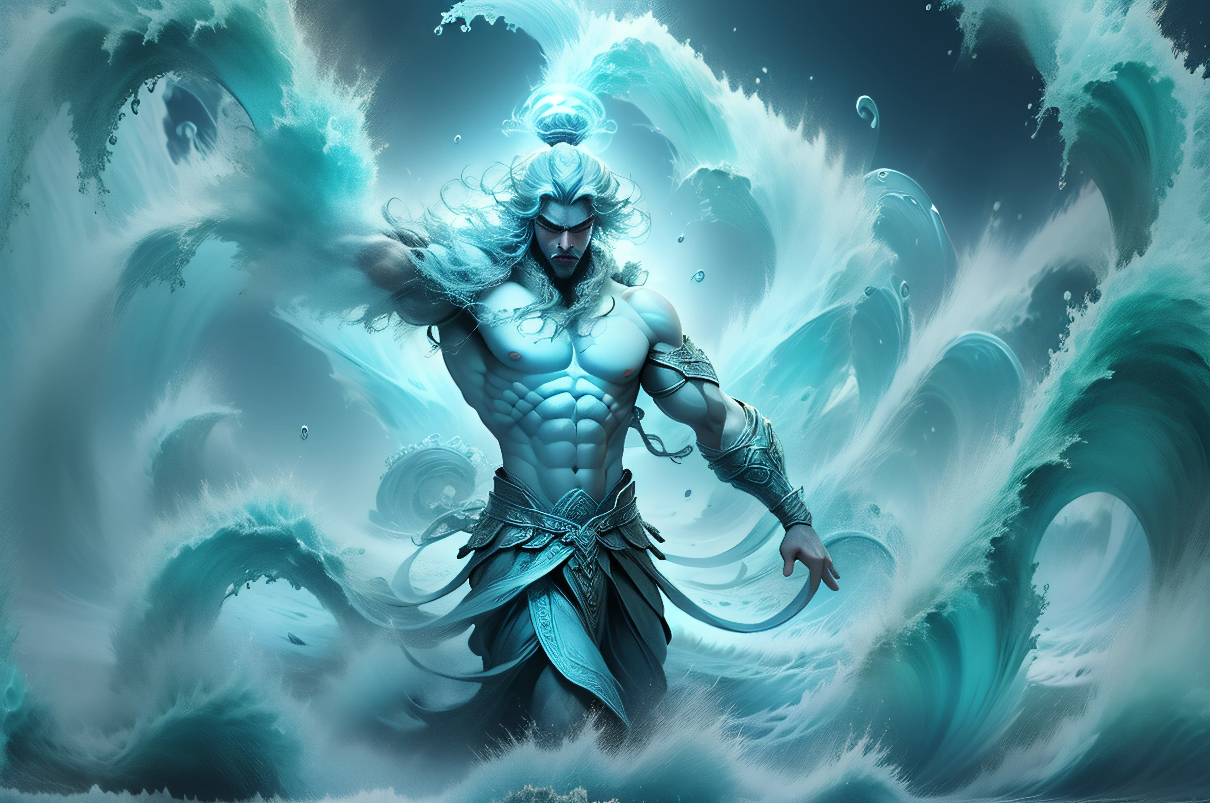 "Poseidon, the mighty Greek god of the sea, who radiates power and authority over the vast waters", which move like whips rising into the air