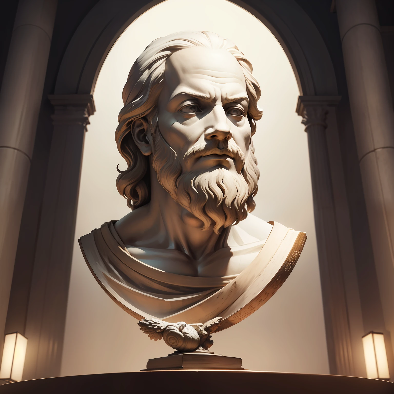 Art with a depiction of Socrates in reflective pose, with a background of questions and symbols of knowledge to convey the idea of intellectual humility and the search for wisdom.