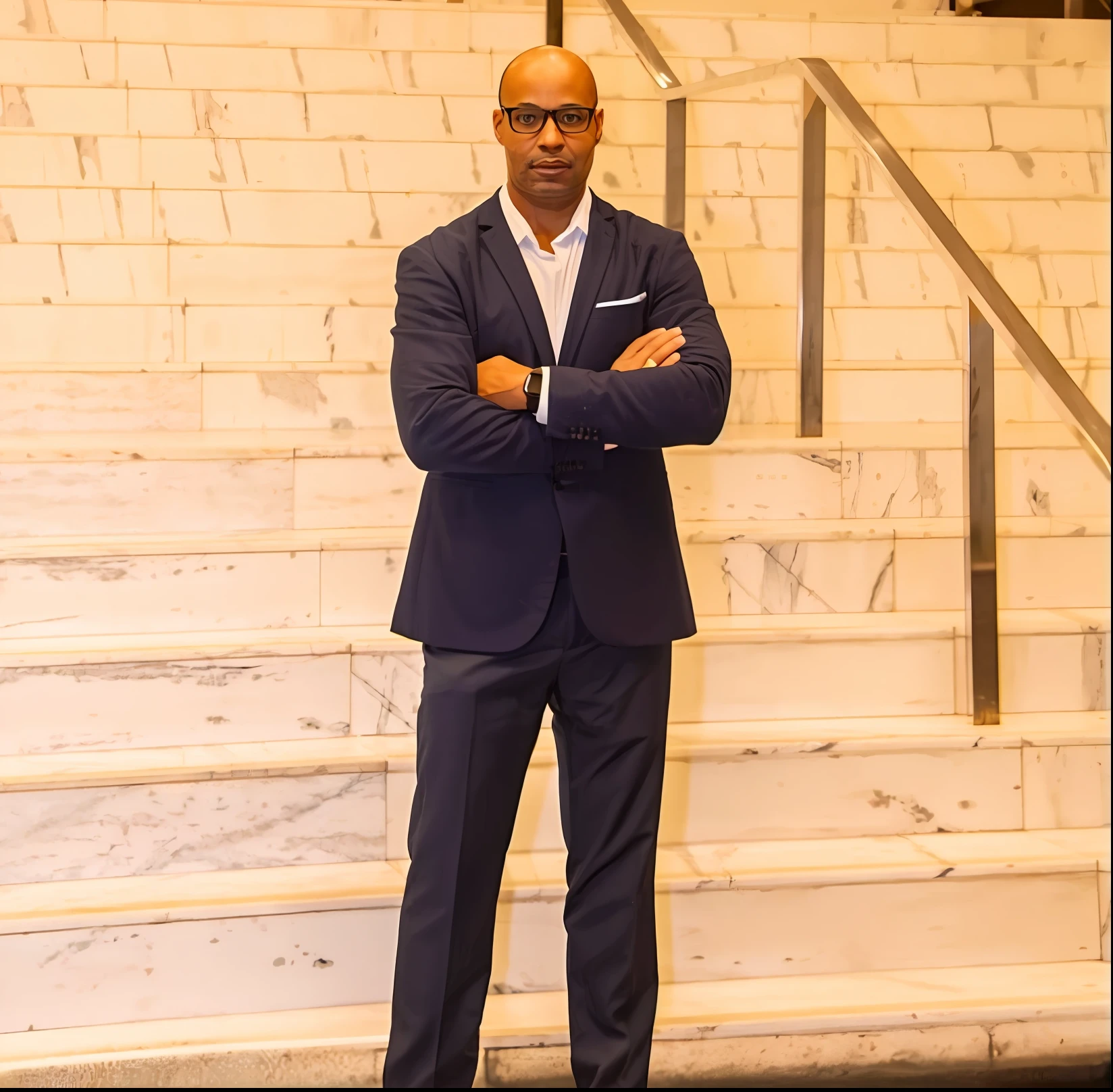 There's a man in a suit standing on the stairs, taken in the early 2020s, Jemal Shabazz, foto do perfil, parecendo confiante, imagem de perfil, Parecendo inteligente, fazendo uma pose elegante, inspirado em Michael Gustavius Payne, Directed by: George Barret, Jr., anthony mcbain, serious business, imagem de alta qualidade, Directed by: Bernie D'Andrea