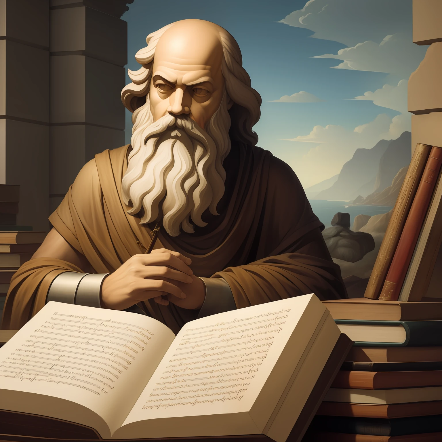 Art with a depiction of Socrates in reflective pose, with a background of questions and symbols of knowledge to convey the idea of intellectual humility and the search for wisdom.