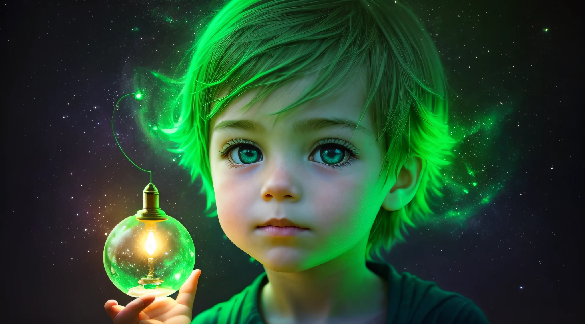 There is a boy holding a lamp in his hand, retrato, verde brilhante, brilho verde, green lighting, brilho verde, photo manipulation, Magia Verde, he is casting a lighting spell, luz verde, energia verde, neon verde, Aura verde, *********** with magical powers, amazing color photograph, Luz ambiente verde, brilho radioativo verde, photo - manipulation, amazing photo