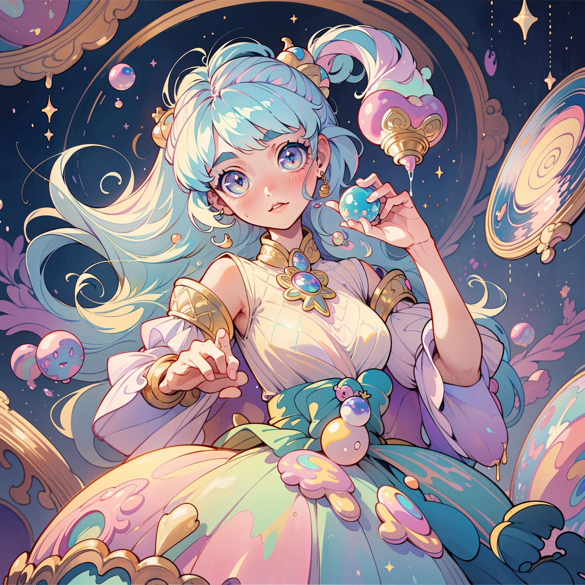 masterpiece, best quality, 8k resolution, sharp focus, intricate detail, beautiful girl, sparkling eyes, golden ratio face, otherworldly liquid, watercolor, ((pastel colors)), bright colors, whimsical, colorful, sharp focus, high resolution, fine detail, princess fantasy ballgown, ((round eyes)), iridescent bubbles, castle landscape in background