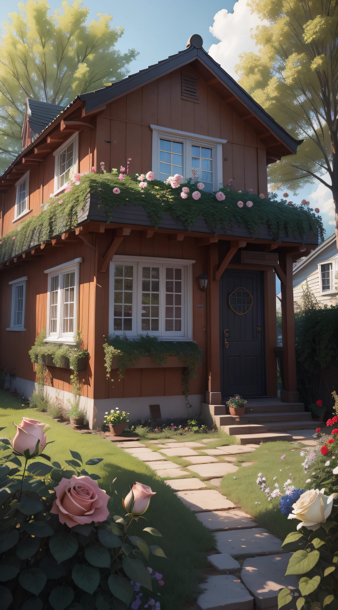 Roses of all colors,HDR,8K,sense of layers,There is a small house in the ground。