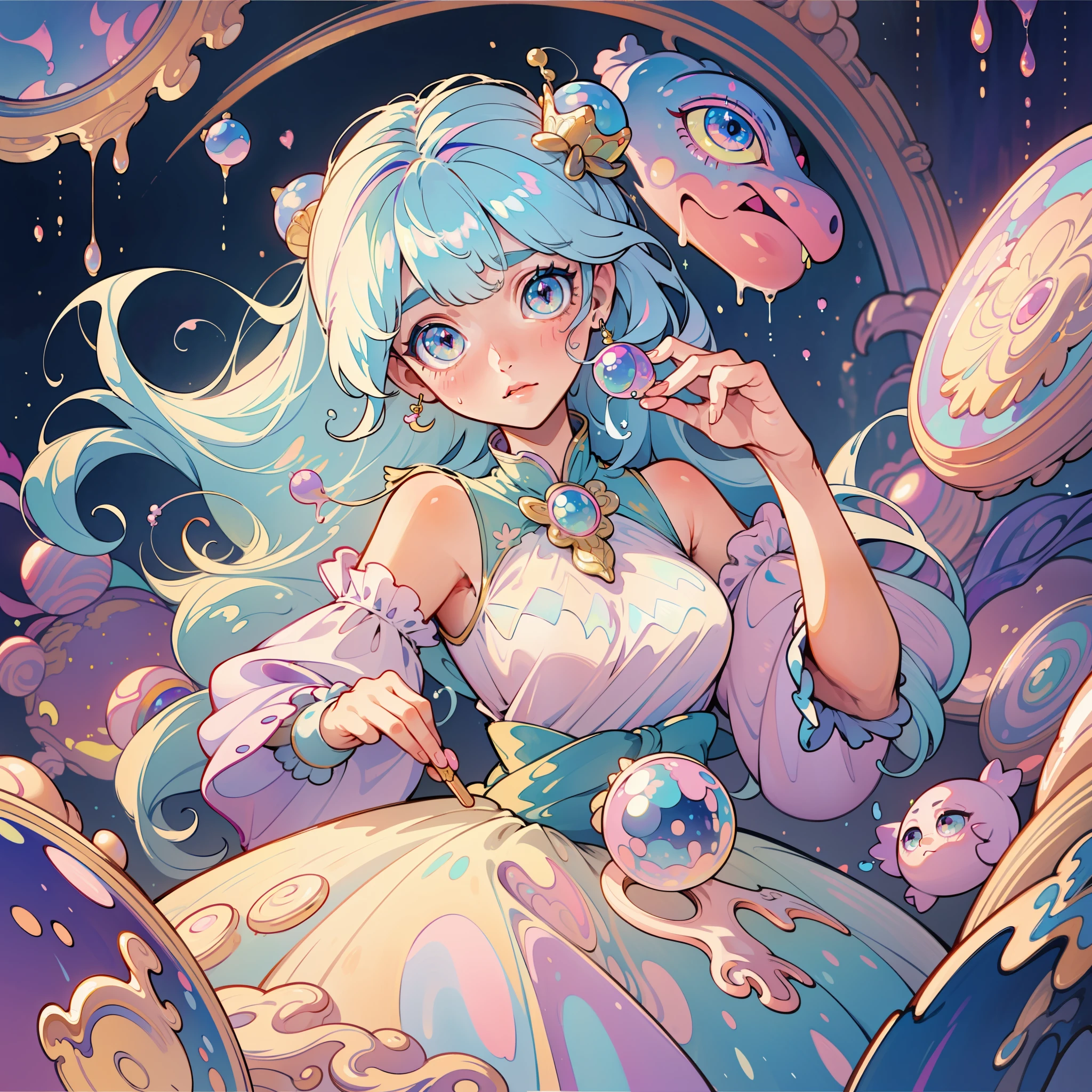 masterpiece, best quality, 8k resolution, sharp focus, intricate detail, beautiful girl, sparkling eyes, golden ratio face, otherworldly liquid, watercolor, ((pastel colors)), bright colors, whimsical, colorful, sharp focus, high resolution, fine detail, princess fantasy ballgown, ((round eyes)), iridescent bubbles, castle landscape in background