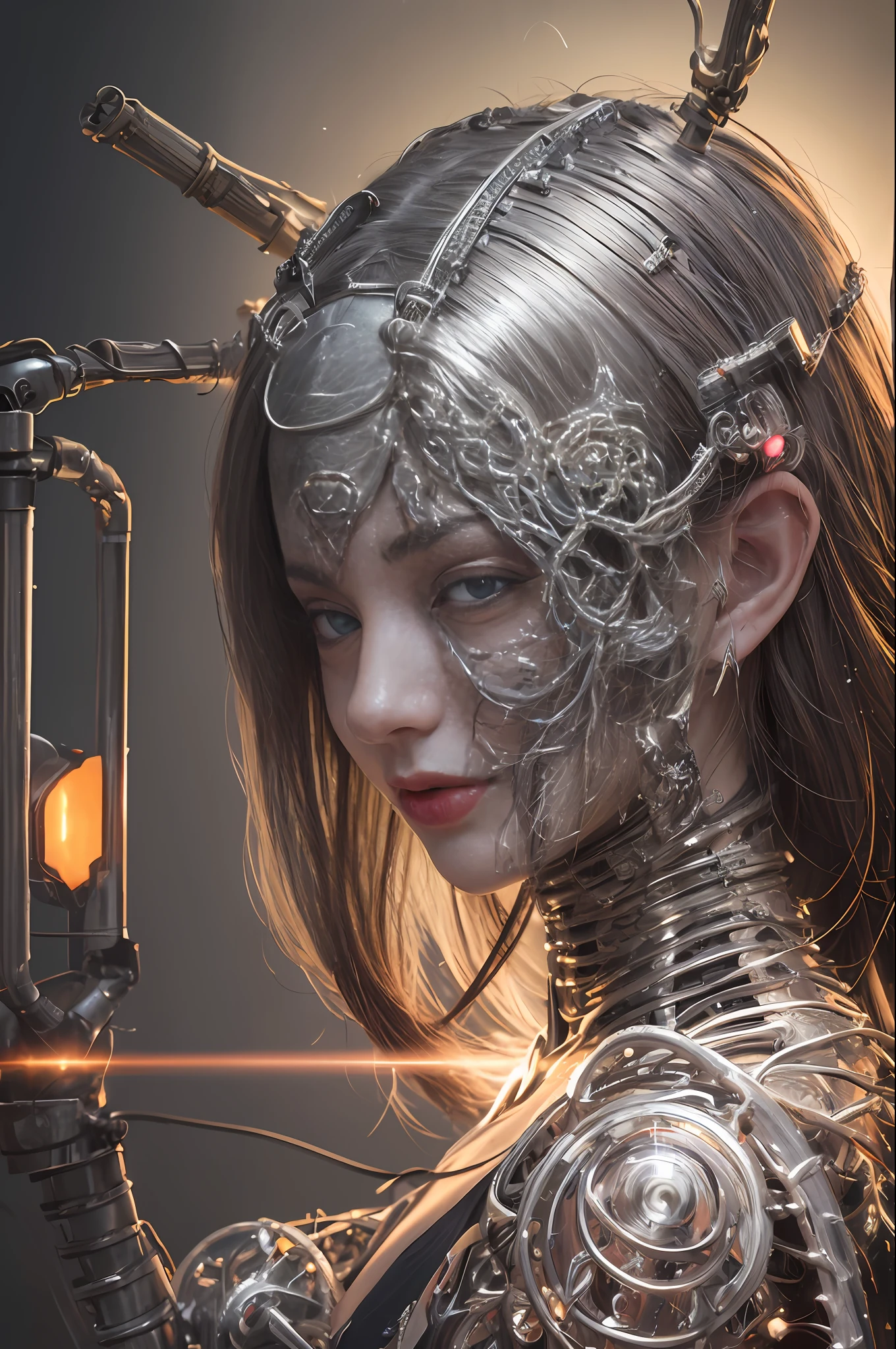 Top Quality, Masterpiece, Ultra High Resolution, (Photorealistic: 1.4), Raw Photo, 1 Girl, Black Hair, Glossy Skin, 1 Mechanical Girl, (Ultra Realistic Details)), Portrait, Global Illumination, Shadows, Octane Rendering, 8K, Ultra Sharp, Big, Cleavage Exposed Raw Skin, Metal, Intricate Ornament Details, Egyptian Details, Very intricate details, realistic light, CGSoation trend, purple eyes, glowing eyes, facing the camera, neon details, mechanical limbs, blood vessels connected to the tube, mechanical vertebrae attached to the back, mechanical cervical attachment to the neck, sitting, wires and cables connecting to the head, evangelion, small LED lamp,