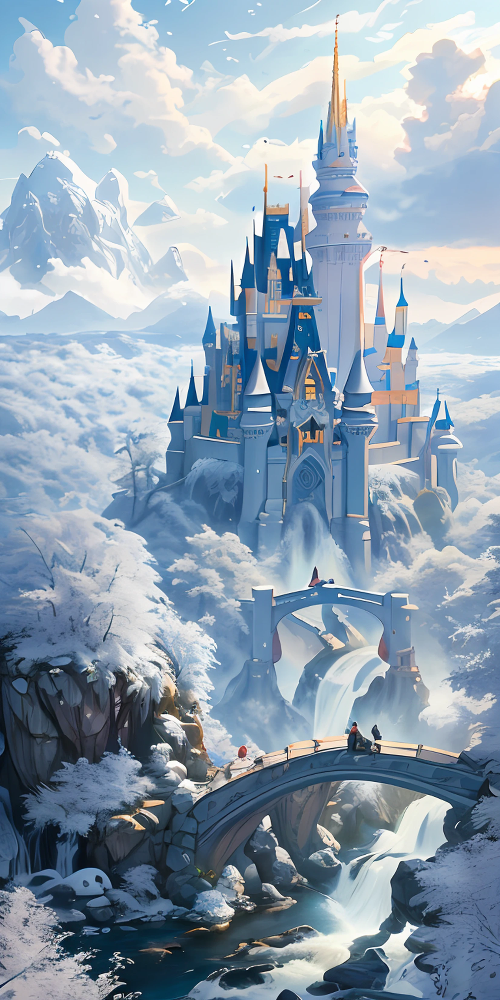 Three castles,A tranquil river flows through a sparse one, Bare wooded forest,A small hill can be seen in the distance,Masterpiece, Best quality, High quality, Extremely detailed Cg Unity 8K wallpaper, oil paiting, award winning photography, Bokeh, Depth of field, hdr, full bloom, color difference ,Photorealistic,Extremely detailed, trending on artstationh, trending on CGSociety, Intricate, High detail, Dramatic, art by midjourney, Volumetriclighting,Above the clouds, There are many white castles. Many waterfalls, Bridges,White cloud, Pixar style, Disney, children's storybook, fantasy,