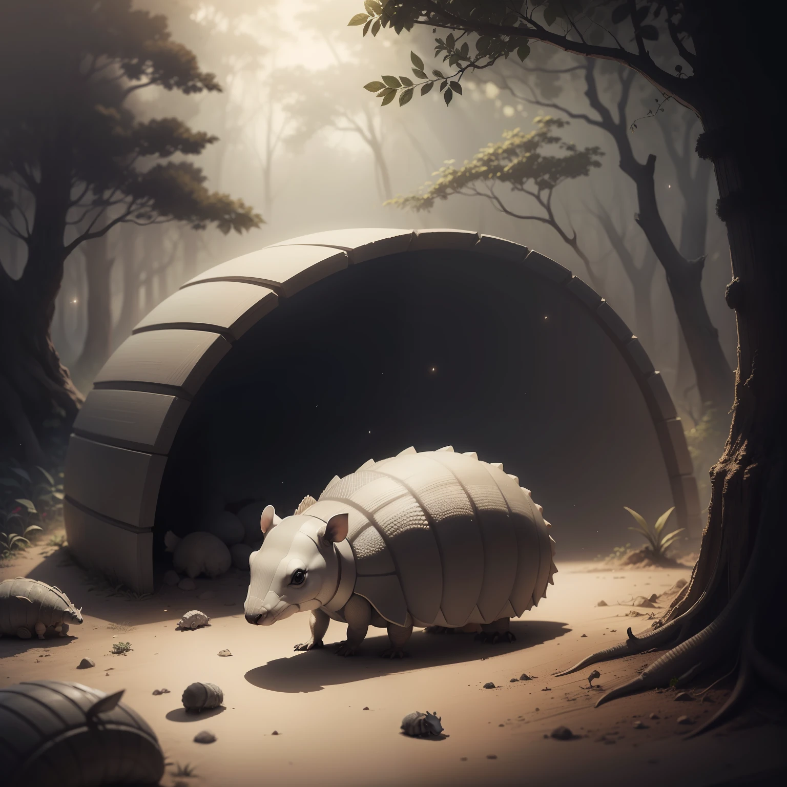 small sad armadillo, forest, dirt floor, stars, high resolution, 4k, fantasy drawing, pencil strokes, black and white