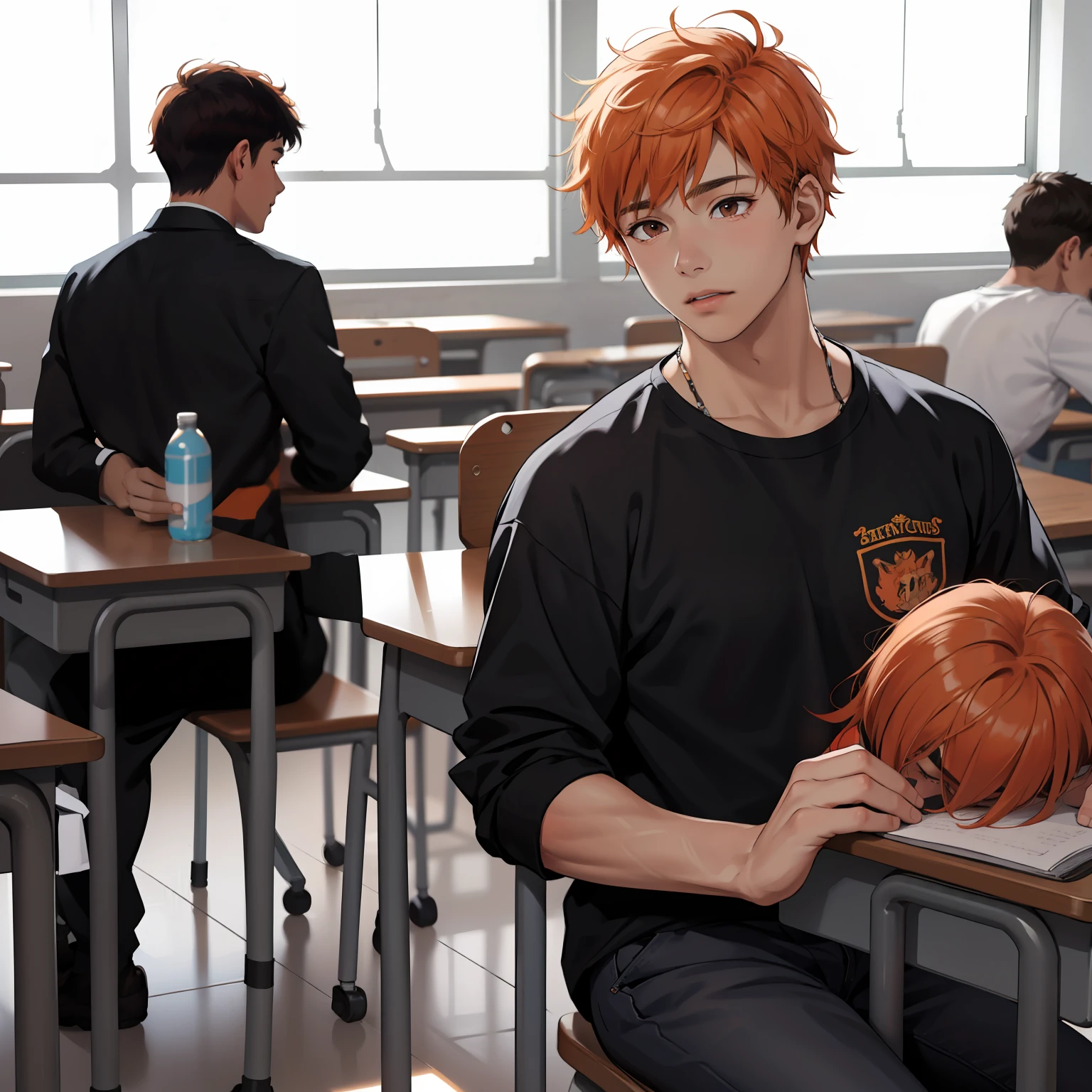 15-year-old male adolescents with brown Latin skin and orange hair, estan en la escuela hablan preocupados sobre algo importante