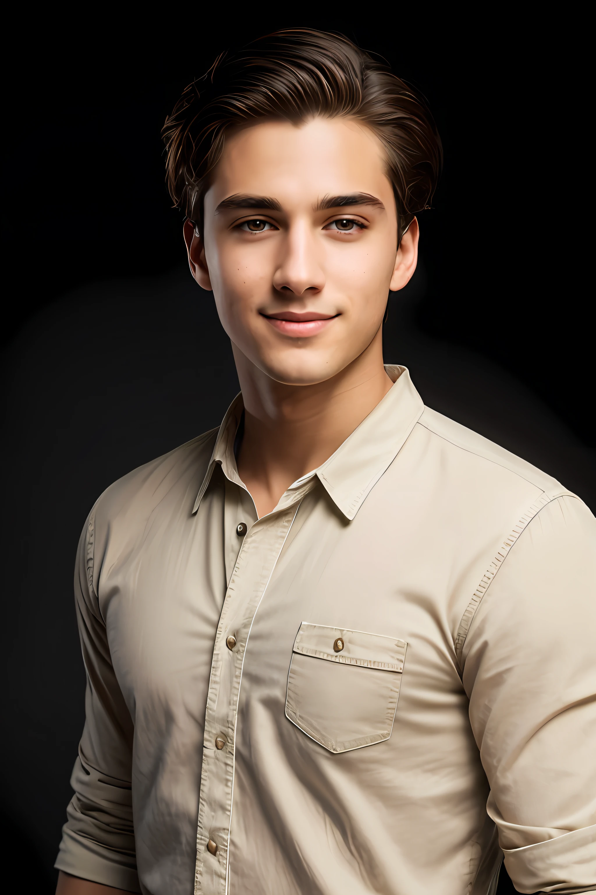 (masterpiece), realistic, (20 years old handsome boy), beautiful face, wearing a Simple beige shirt and denim skirt, studio lighting, cinematic light, handsome guy, beautiful black eyes, milk beige middle hair, perfect anatomy, very cute smile, prince eyes , (black eyes), (head frame), center image, style, bioluminescent, 8 life size, 8k Resolution, human hands, curiously complete, elegant, close to perfection, dynamic, highly detailed, character sheet, concept art, smooth, positioned so that their bodies are symmetrical and balanced directly towards the viewer, detailed hairstyles,