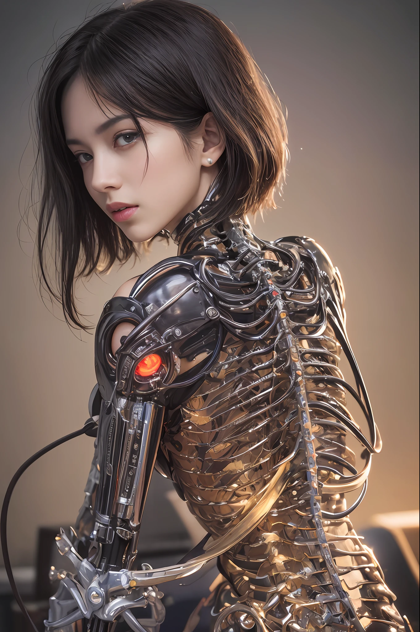 Top Quality, Masterpiece, Ultra High Resolution, (Photorealistic: 1.4), Raw Photo, 1 Girl, Black Hair, Glossy Skin, 1 Mechanical Girl, (Ultra Realistic Details)), Portrait, Global Illumination, Shadows, Octane Rendering, 8K, Ultra Sharp, Big, Cleavage Exposed Raw Skin, Metal, Intricate Ornament Details, Egyptian Details, Very intricate details, realistic light, CGSoation trend, purple eyes, glowing eyes, facing the camera, neon details, mechanical limbs, blood vessels connected to the tube, mechanical vertebrae attached to the back, mechanical cervical attachment to the neck, sitting, wires and cables connecting to the head, evangelion, small LED lamp,