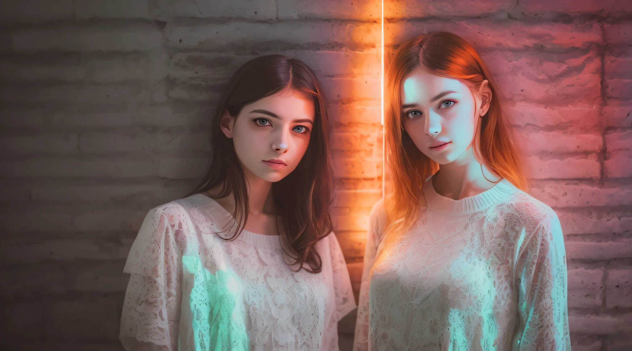 Two girls standing in front of a wall with lamps, Creative lighting, nostalgic lighting, lamps, Edison Lamp, Foto tirada com Nikon D 7 5 0, Esclarecedor, Foto tirada com Nikon D750, foto retrato, beautiful portrait lighting, foto de retrato em close-up, foto de retrato, fotografia editorial, dramatic intense lighting, eerie lighting, luzes fluorescentes cintilantes