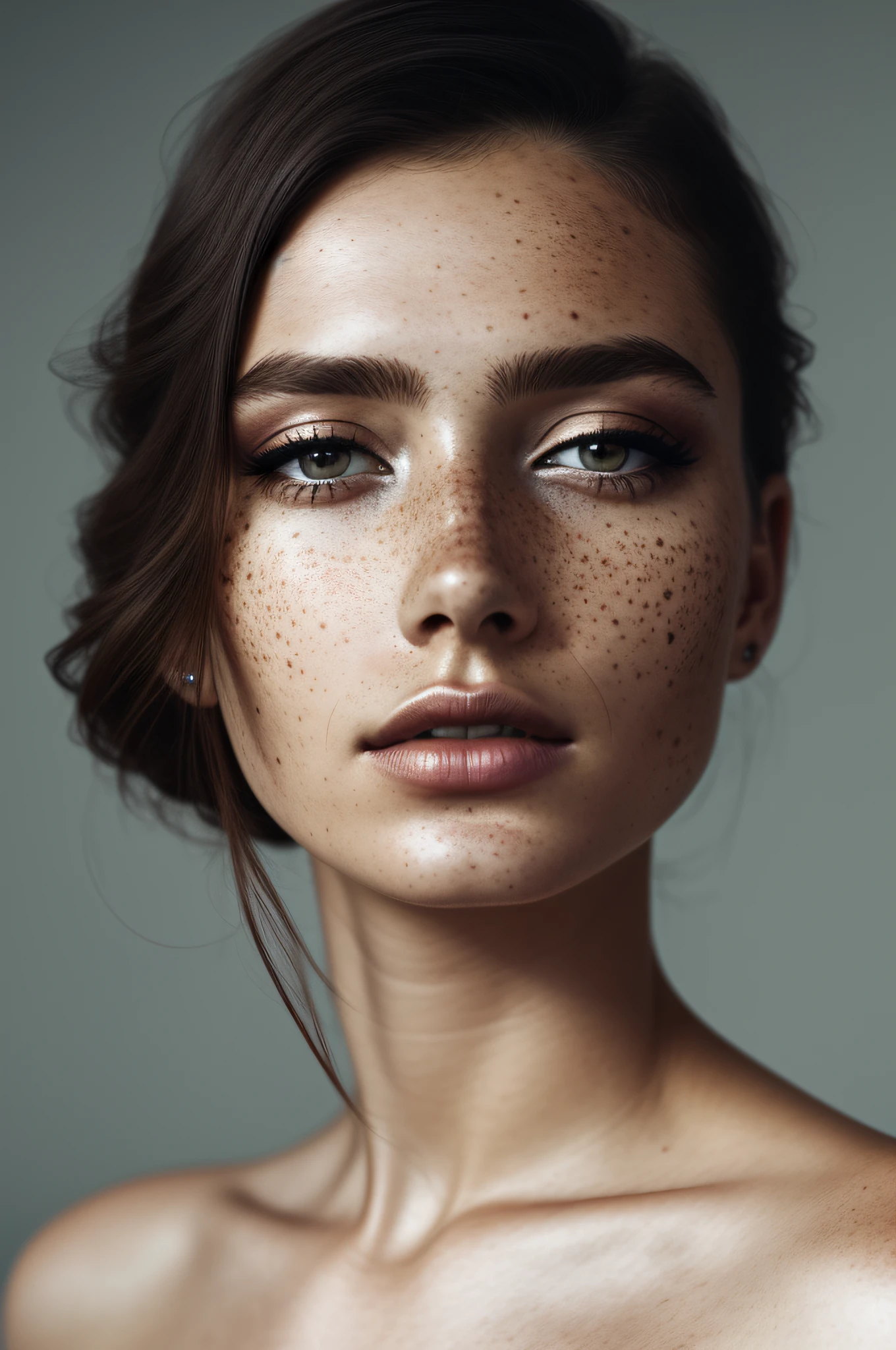 beautiful lady, freckles, dark makeup, hyperdetailed photography, soft light, head and shoulders portrait, cover