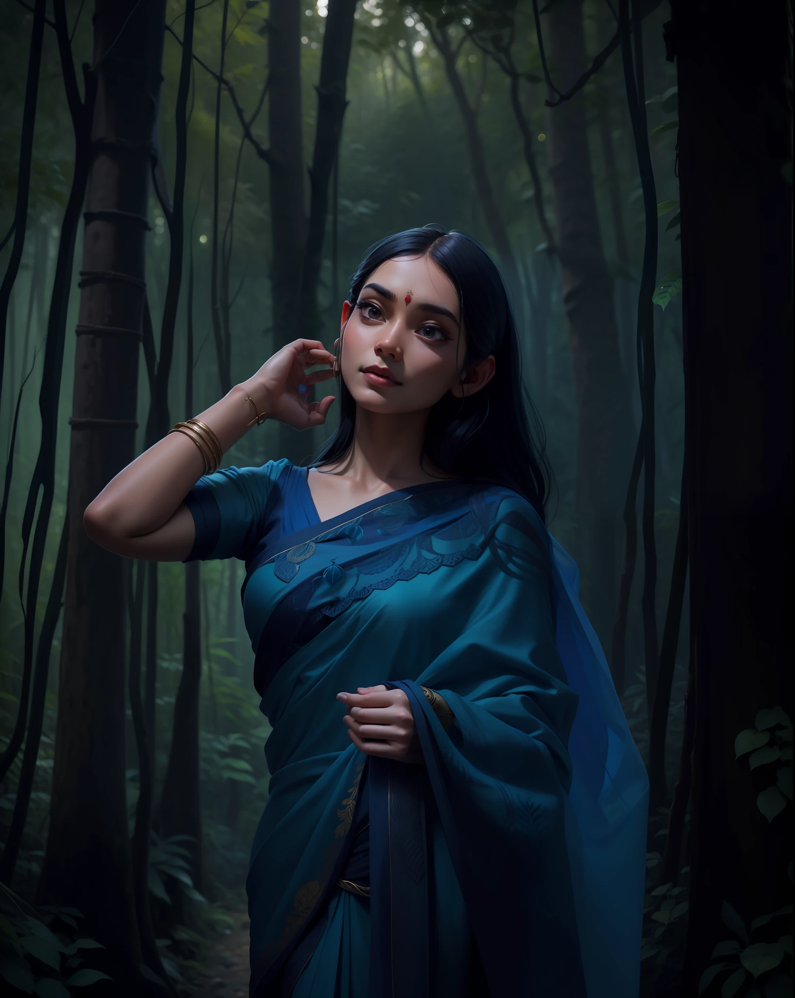 woman in a blue sari posing for a picture in a dark forest, assamese aesthetic, traditional beauty, mid shot portrait, looking majestic in forest, atmospheric portrait, aenami alena, 8k artistic portrait photography, hindu aesthetic, indian goddess, amidst nature, woman in a dark forest, cinematic goddess shot, cinematic photo shoot, cinematic portrait, high quality portrait