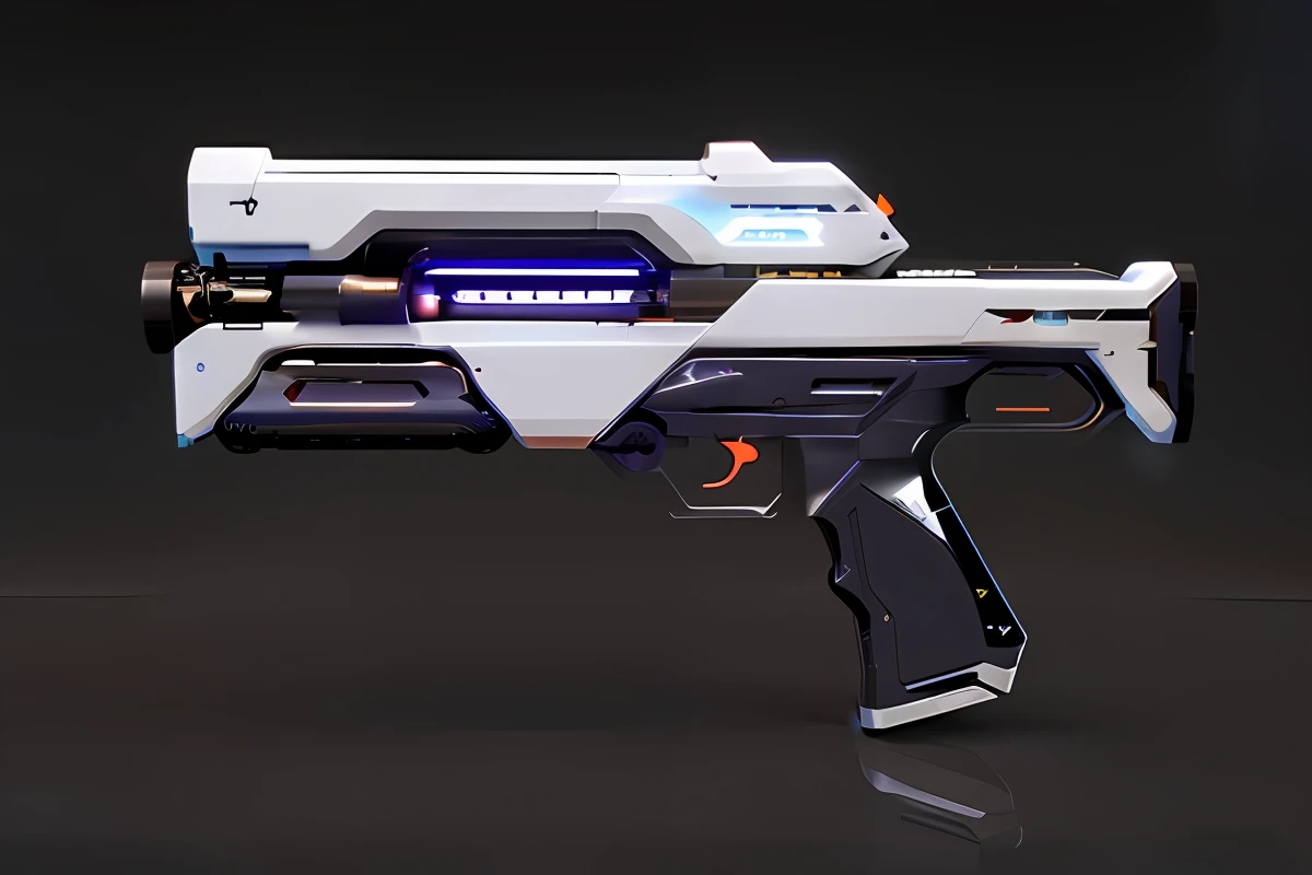 a close up of a gun with a light on it, futuristic gun, futuristic pistol, Futuristic weapon water gun, futuristic weapon, Laser water gun, gauss rifle, realistic gun design