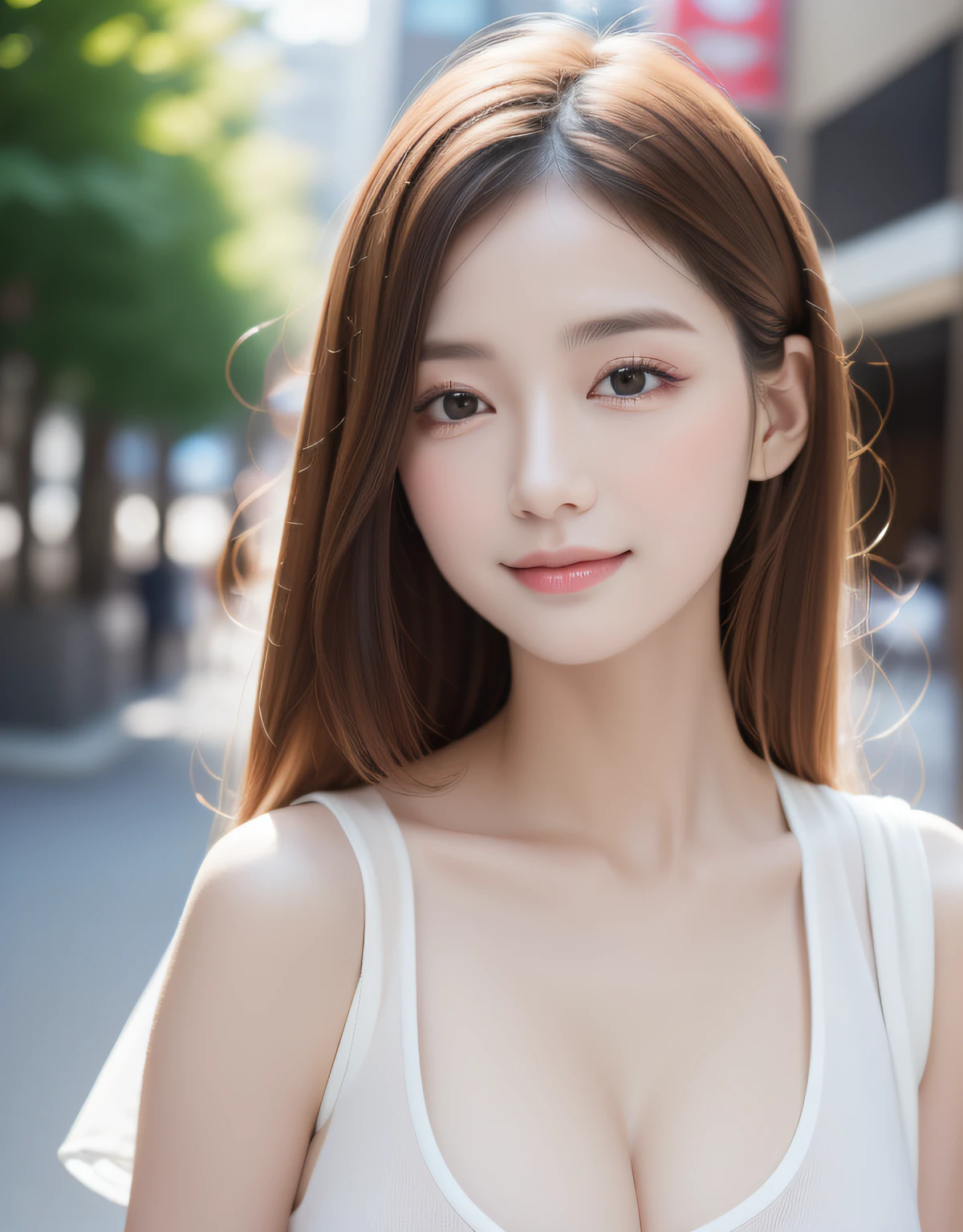 best quality, white skin, real human skin, (detailed face), oval face, pores, ultra high res, (8k, RAW photo, photorealistic:1.4), 1girl, slim, (large-breast:1.37, cleavage), (looking straight at viewer with a serene and goddess-like happiness:1.2), (lifter gloss, eyelashes, gloss-face, best quality, ultra highres, Broad lighting, natural shading), lovely look, White T-shirt:1.3, shorts:1.3, cityscape, fashion street venue, arms behind back:1.3, burry background, bokeh, depth of field, cowboy shot:1.3,