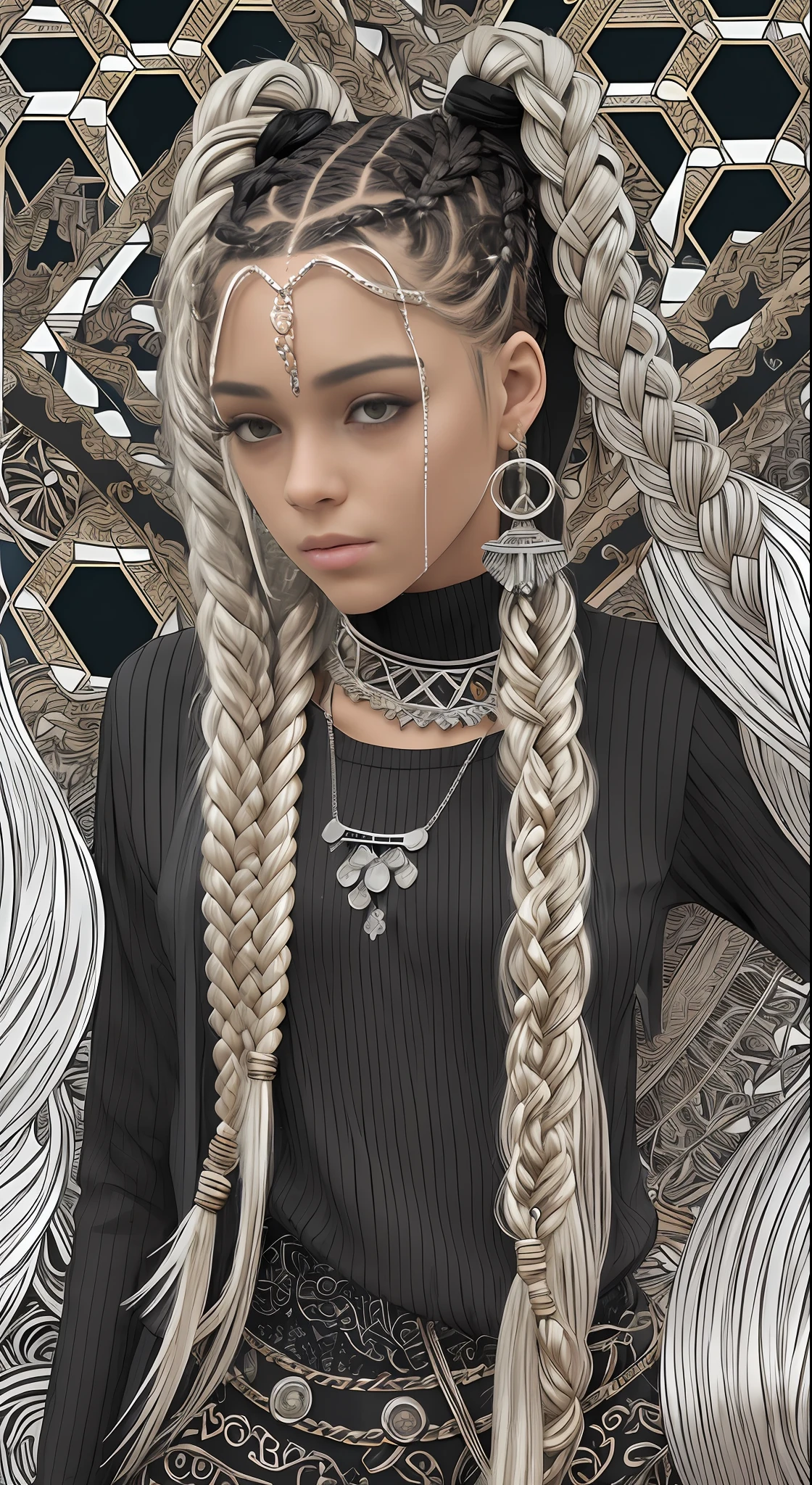 a teenager with long shiny braids and some silver jewelry, in the style of dark white and dark bronze, mismatched patterns, fashwave, clamp, avacadopunk, body extensions, multiple styles