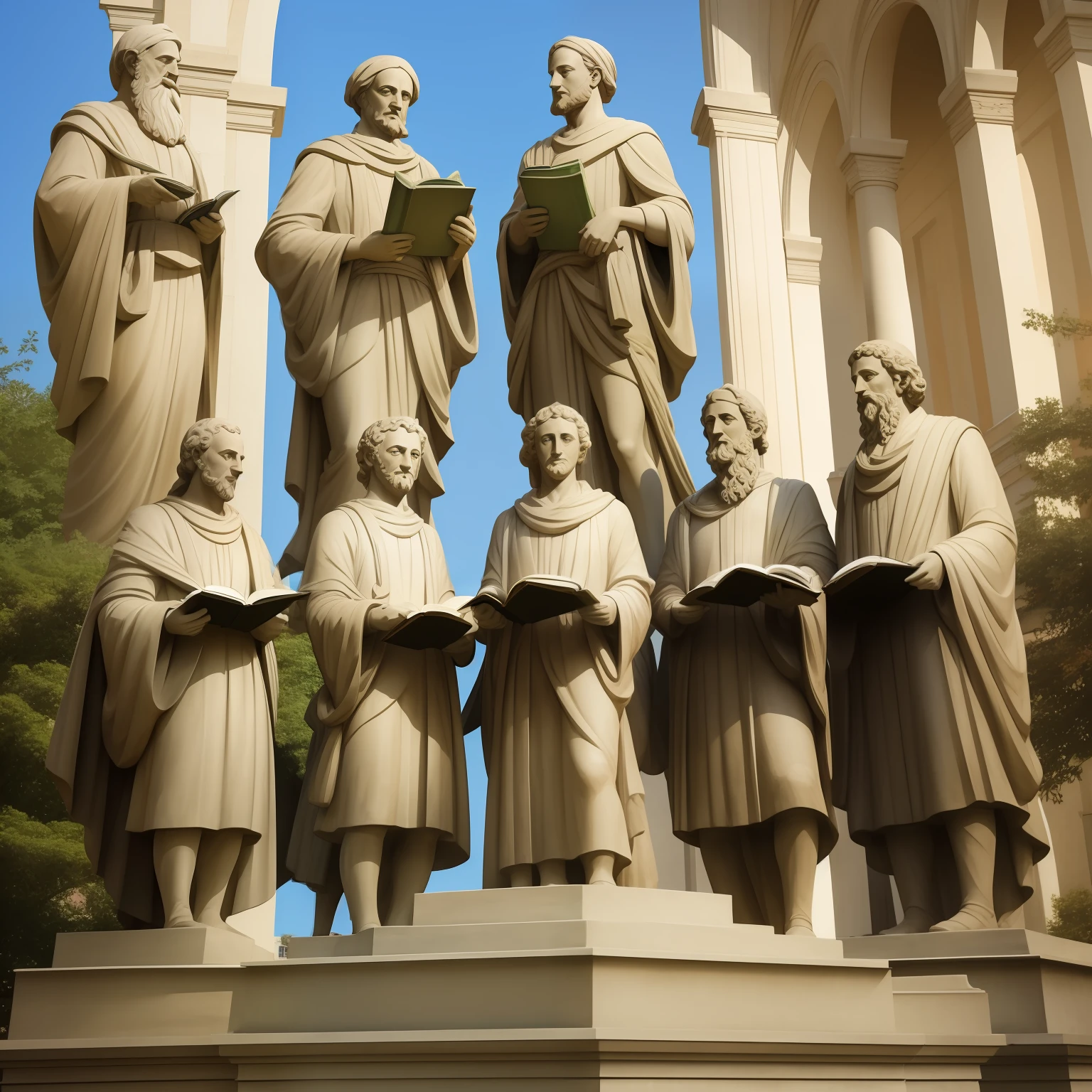 Statue of 5 philosophers with books in hand, em campo aberto estatuas em fileiras, com fundo de cidade detalhados
